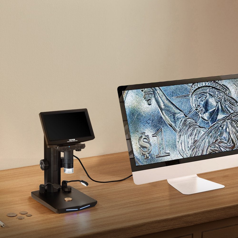 VEVOR 7" HDMI LCD Digital Microscope for Adults, Soldering Electron Microscope 1200X with IPS Screen, 8 LED Lights, 2 Flexible Side Lights, PC View, USB Coin Microscope for Windows/MacOS/TV, 32GB 