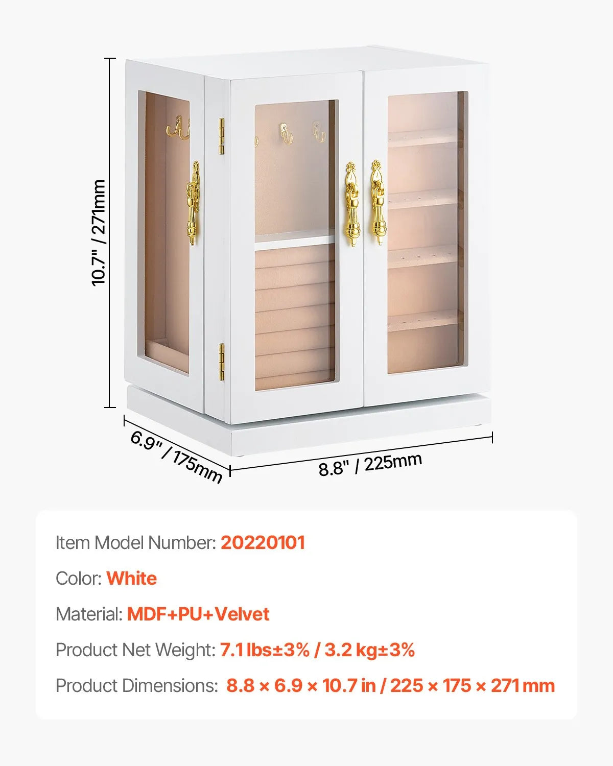 VEVOR Jewelry Box 360° Rotating Jewelry Organizer with 5 Spacious Drawers White