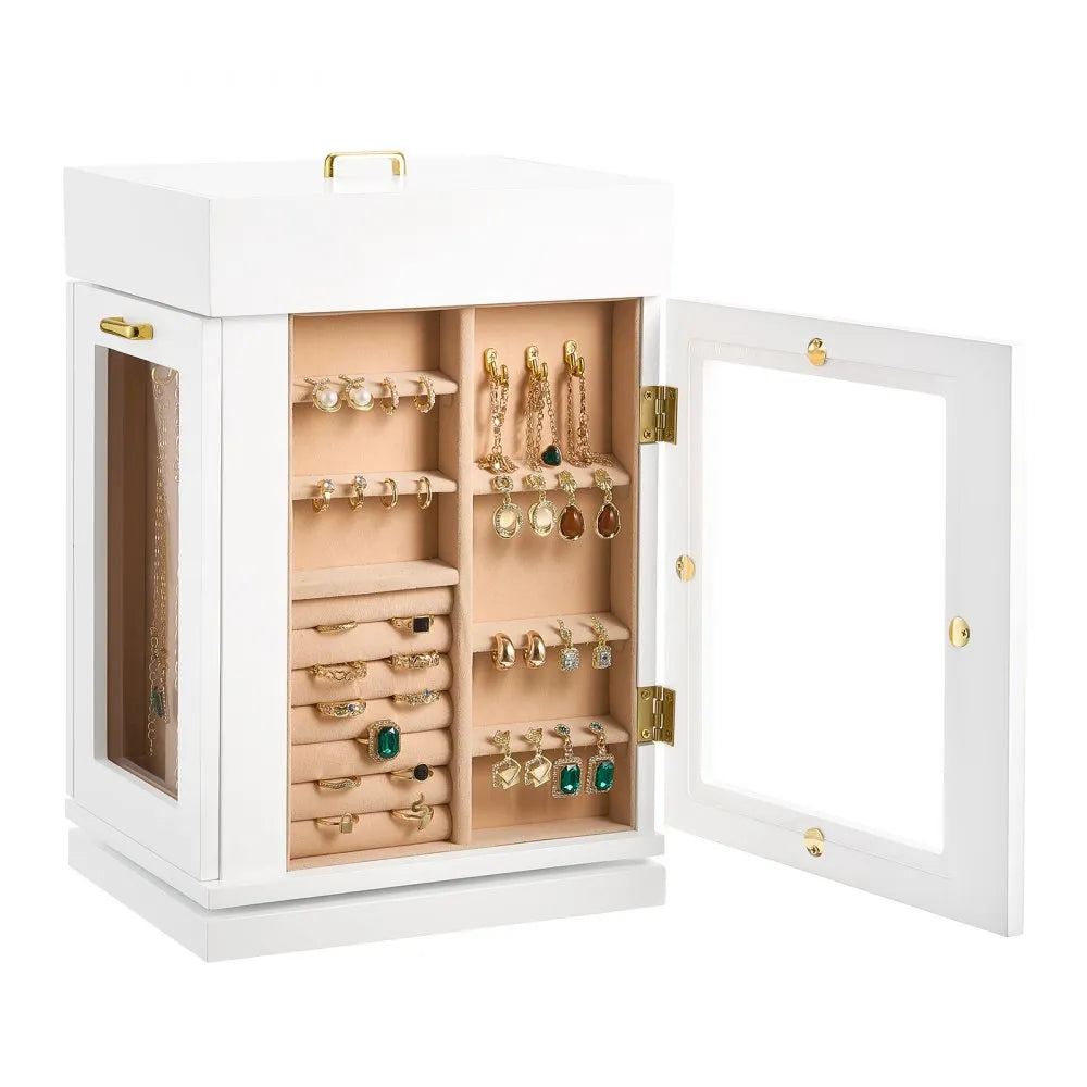 VEVOR Jewelry Box 360° Rotating Jewelry Organizer with 4 Necklace Hooks White