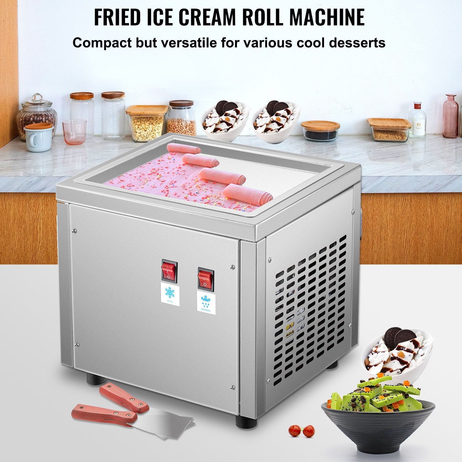 VEVOR Commercial Rolled Ice Cream Machine, Stir-Fried Ice Cream Roll Machine with Single Square Pan, Stainless Steel Stir-Fried Ice Cream Roll Maker, Yogurt Cream Machine for Bars Cafés Dessert Shops 