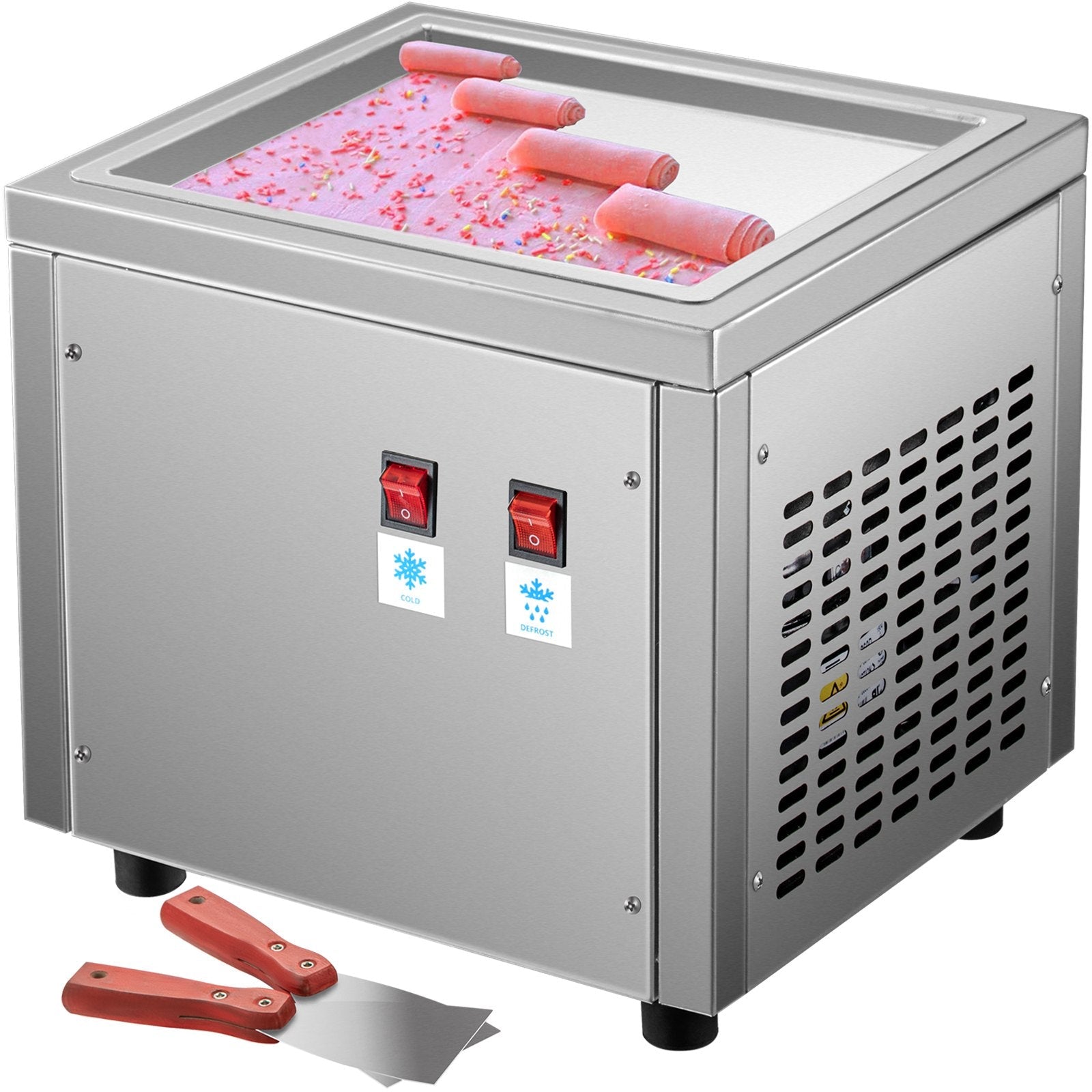 VEVOR Commercial Rolled Ice Cream Machine, Stir-Fried Ice Cream Roll Machine with Single Square Pan, Stainless Steel Stir-Fried Ice Cream Roll Maker, Yogurt Cream Machine for Bars Cafés Dessert Shops 