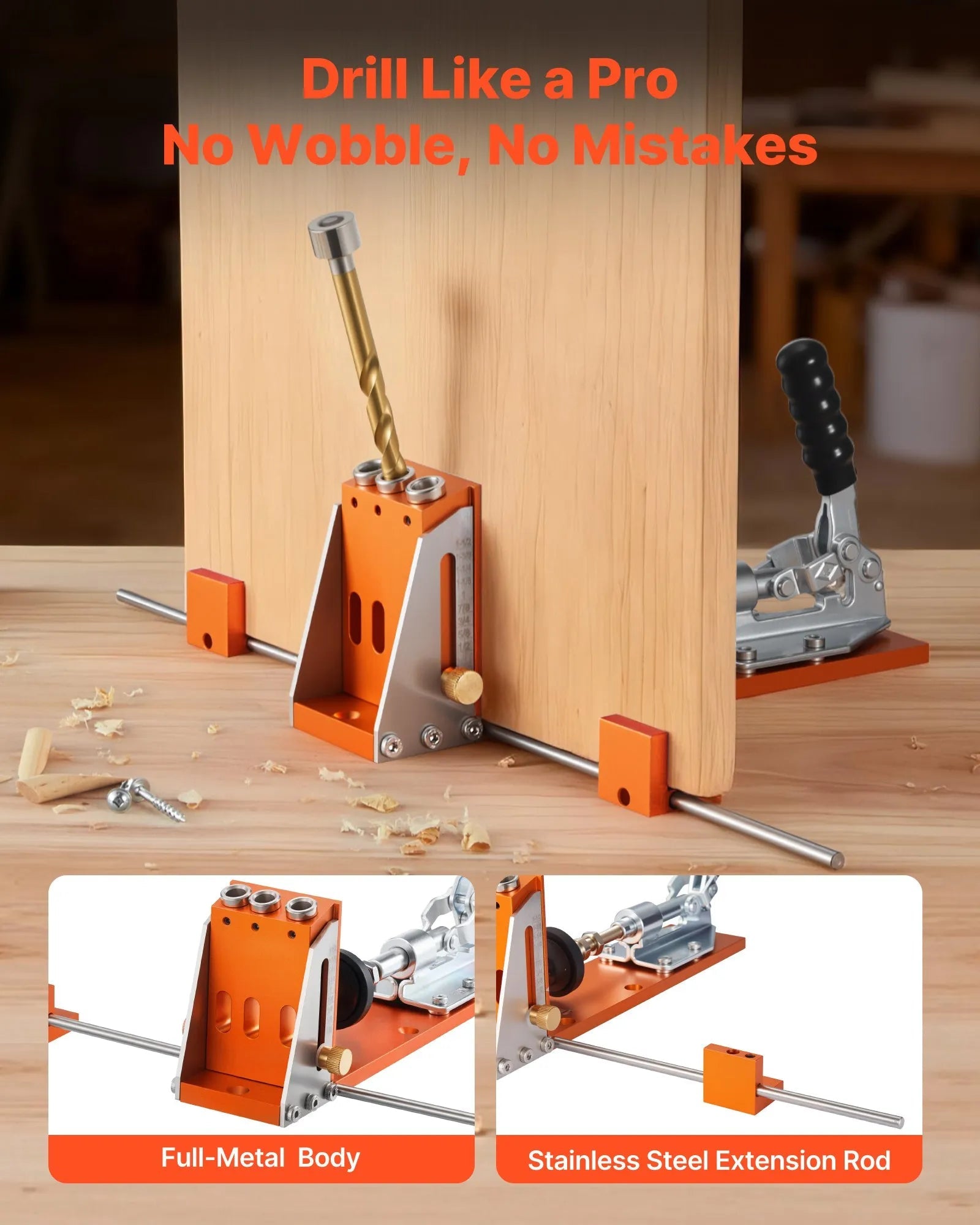 VEVOR Pocket Hole Jig Kit, 1/2 to 1-1/2 in Adjustable, Jig Pocket Hole System with Toolcase, C-Clamp, Step Drill, Hex Wrench, Drill Stop Ring, Square Drive Bit, Reinforced Metal Frame, for Woodworking 