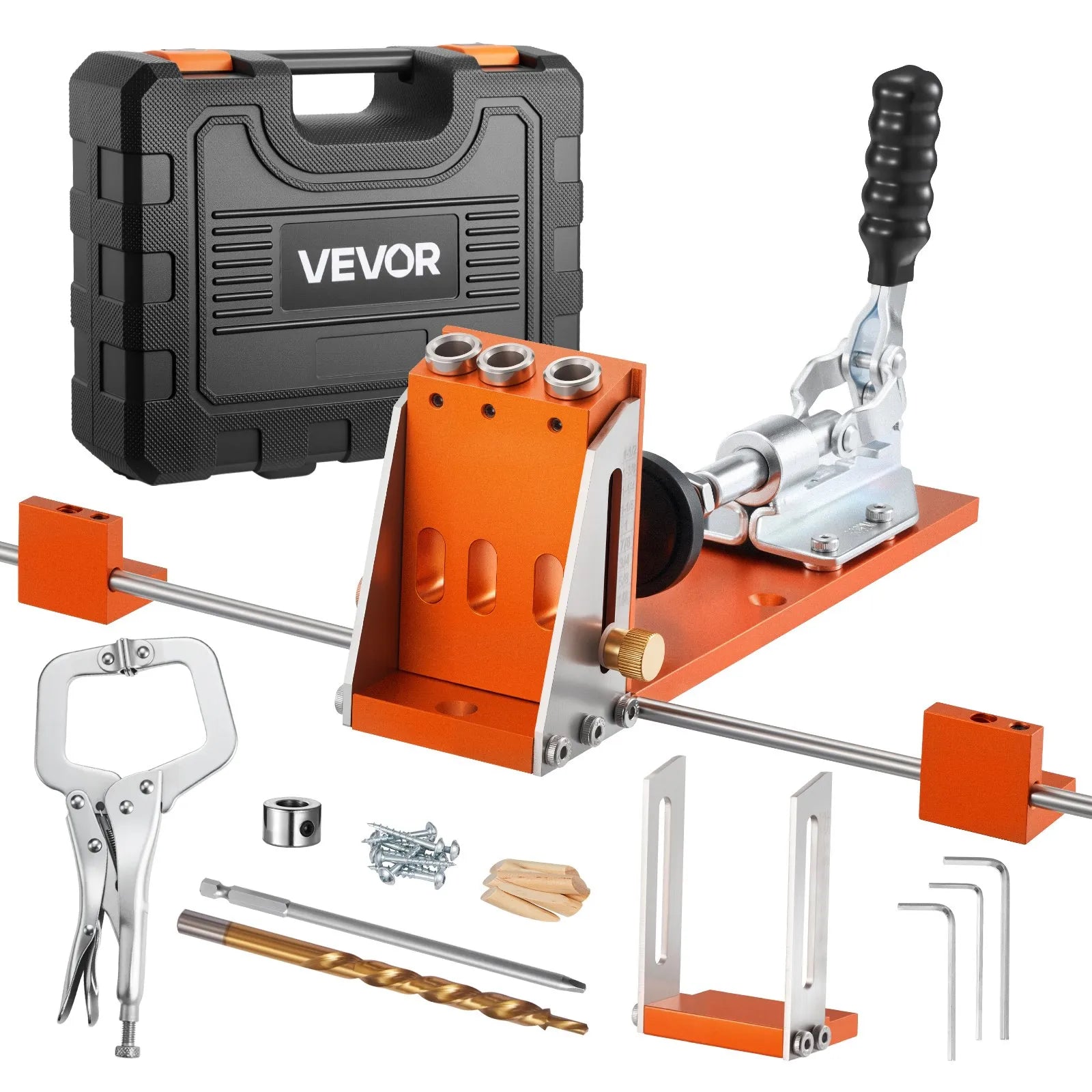 VEVOR Pocket Hole Jig Kit, 1/2 to 1-1/2 in Adjustable, Jig Pocket Hole System with Toolcase, C-Clamp, Step Drill, Hex Wrench, Drill Stop Ring, Square Drive Bit, Reinforced Metal Frame, for Woodworking 
