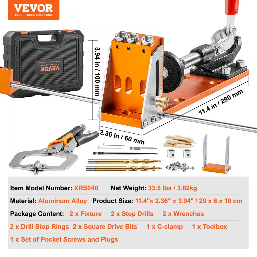 VEVOR Pocket Hole Jig Kit, 34 Pcs Pocket Hole Jig System with 11" C-clamp,  Fixture, Step Drills, Wrenches, Drill Stop Rings, Square Drive Bits, Toolbox, for DIY Carpentry Projects, Adjustable 