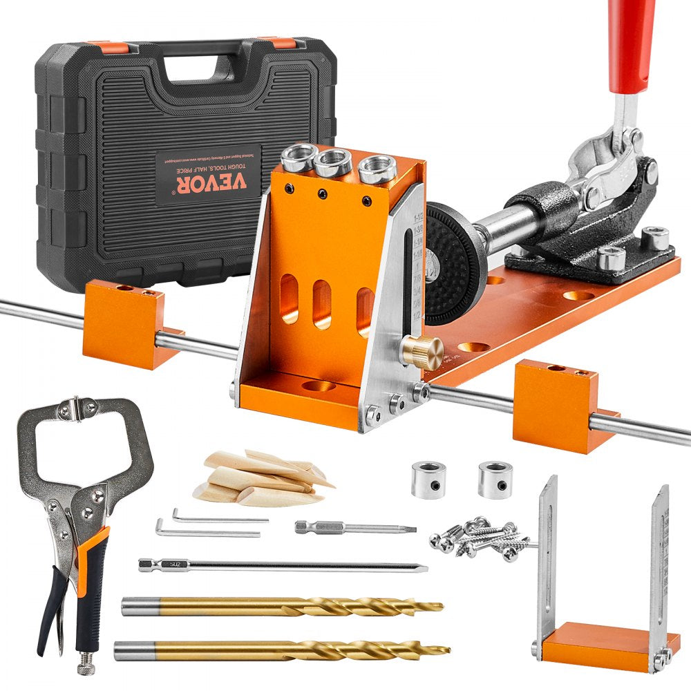 VEVOR Pocket Hole Jig Kit, 34 Pcs Pocket Hole Jig System with 11" C-clamp,  Fixture, Step Drills, Wrenches, Drill Stop Rings, Square Drive Bits, Toolbox, for DIY Carpentry Projects, Adjustable 