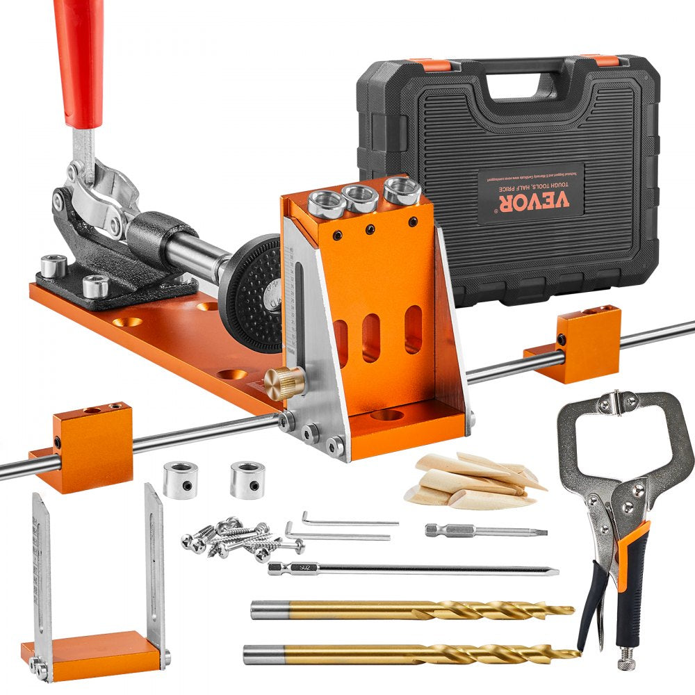VEVOR Pocket Hole Jig Kit, 34 Pcs Pocket Hole Jig System with 11" C-clamp,  Fixture, Step Drills, Wrenches, Drill Stop Rings, Square Drive Bits, Toolbox, for DIY Carpentry Projects, Adjustable 