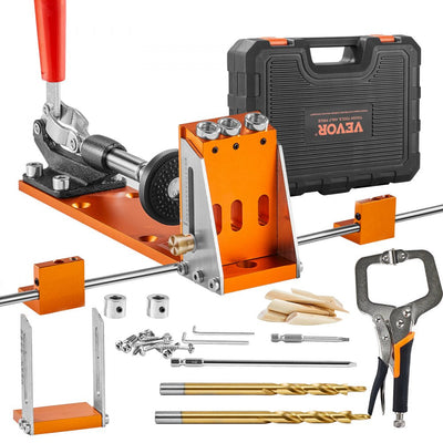 VEVOR Pocket Hole Jig Kit, 34 Pcs Pocket Hole Jig System with 11" C-clamp,  Fixture, Step Drills, Wrenches, Drill Stop Rings, Square Drive Bits, Toolbox, for DIY Carpentry Projects, Adjustable 