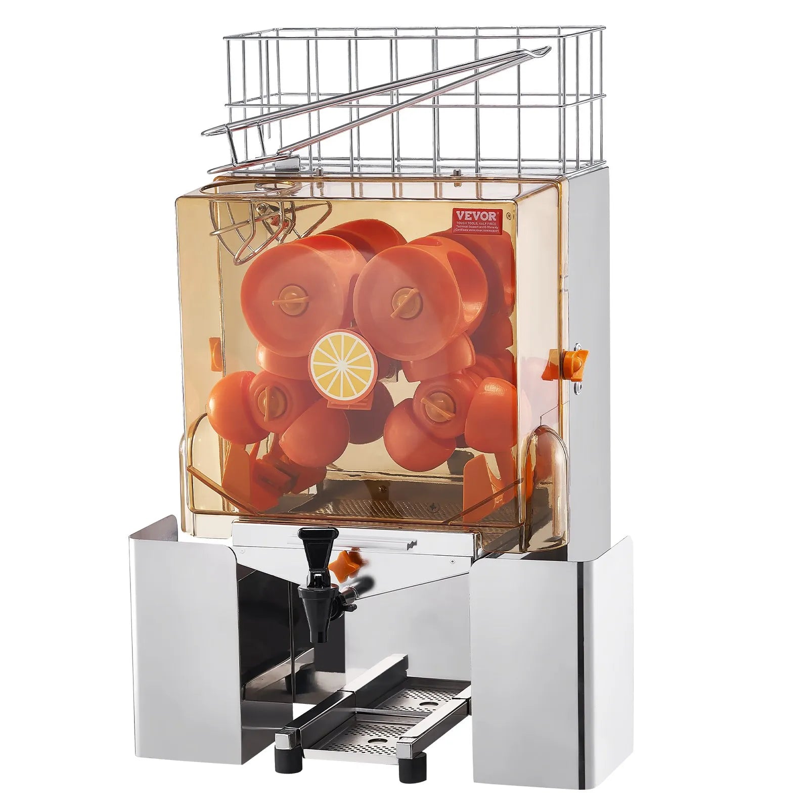 VEVOR Commercial Orange Juicer Machine, 120W Automatic Juice Extractor with Water Tap, Stainless Steel Orange Squeezer 20 Oranges/Minute, with Pull-Out Filter Box, PC Cover, 2 Peel Collecting Buckets