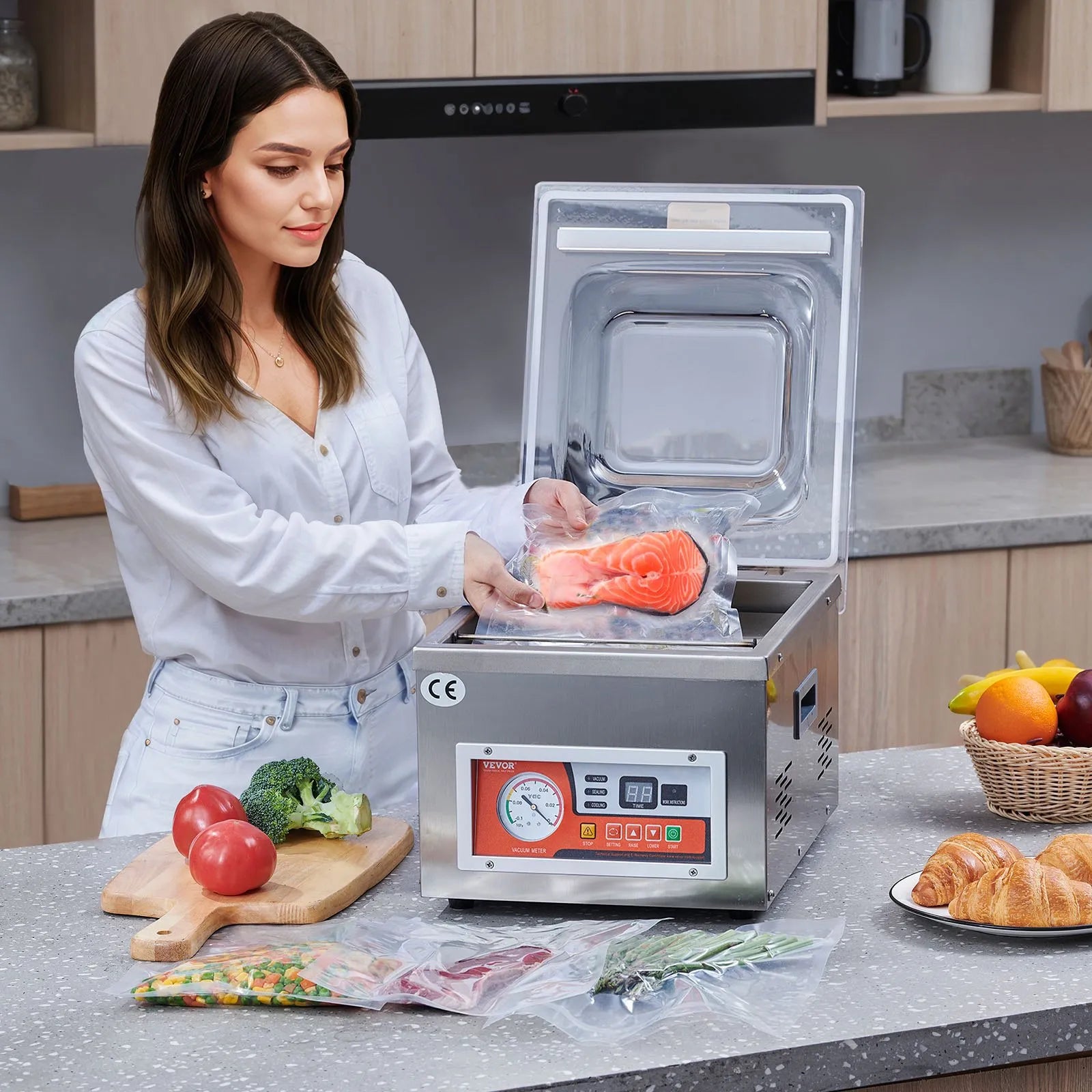 VEVOR Chamber Vacuum Sealer, 260W Sealing Power, Vacuum Packing Machine for Wet Foods, Meats, Marinades and More, Compact Size with 15.7" Sealing Length, Applied in Home Kitchen and Commercial Use