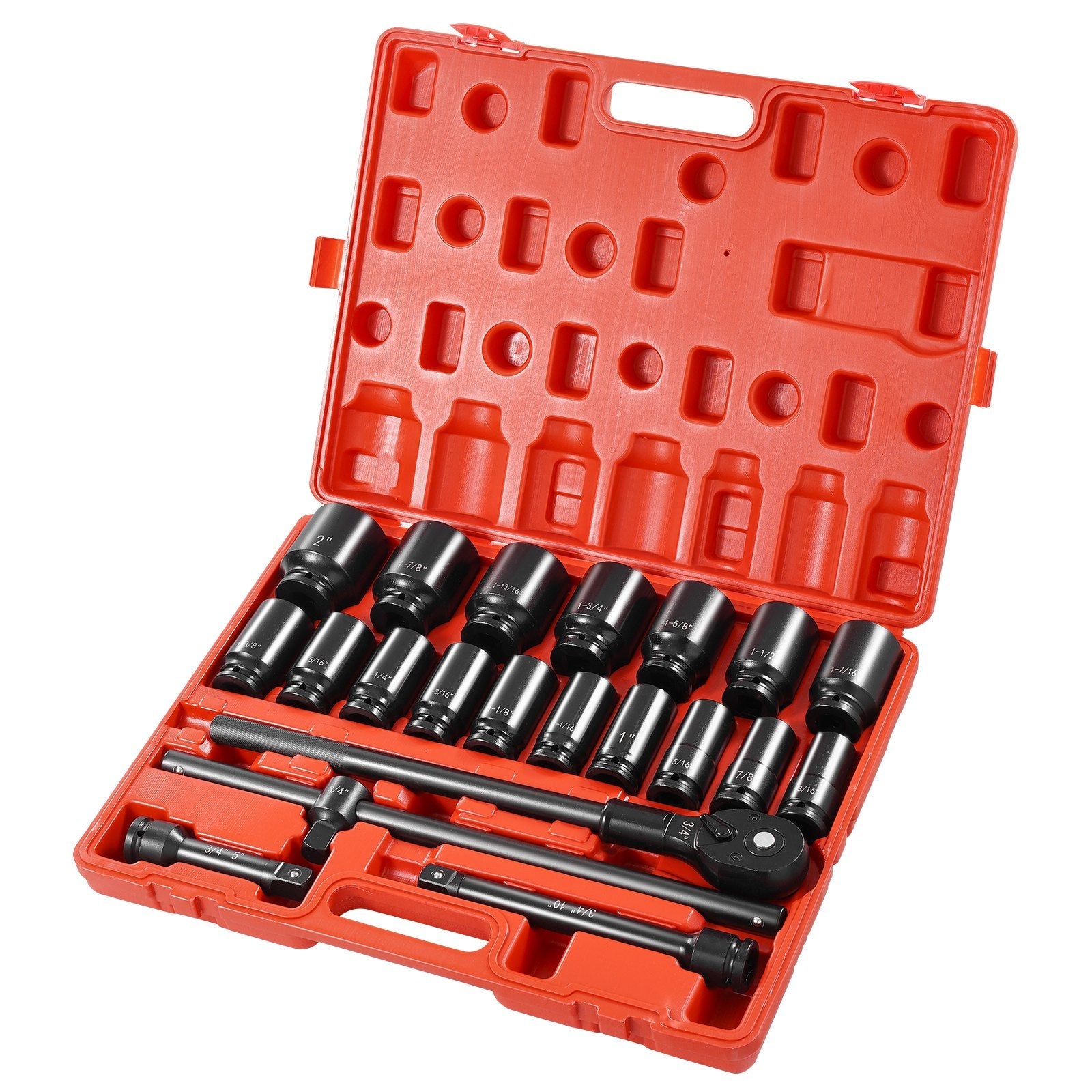 VEVOR Impact Socket Set 3/4 Inches 22 Piece Deep Impact Sockets, Socket Assortment 3/4 Inches Drive Socket Set Impact Standard SAE Sizes 7/8 Inches to 2 Inches Includes Adapters and Ratchet Handle 