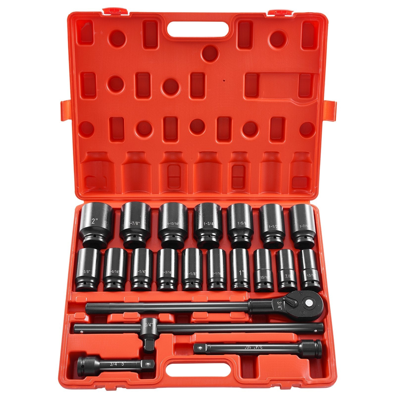 VEVOR Impact Socket Set 3/4 Inches 22 Piece Deep Impact Sockets, Socket Assortment 3/4 Inches Drive Socket Set Impact Standard SAE Sizes 7/8 Inches to 2 Inches Includes Adapters and Ratchet Handle 