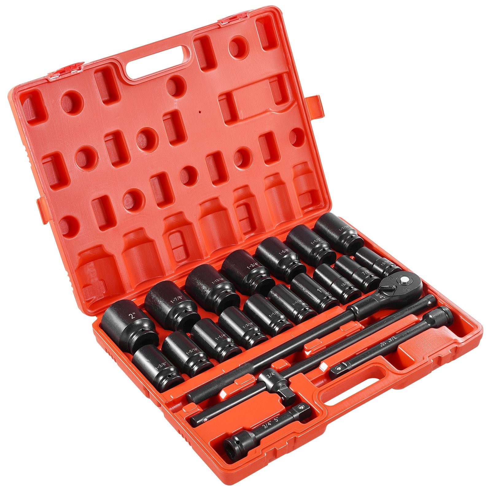 VEVOR Impact Socket Set 3/4 Inches 22 Piece Deep Impact Sockets, Socket Assortment 3/4 Inches Drive Socket Set Impact Standard SAE Sizes 7/8 Inches to 2 Inches Includes Adapters and Ratchet Handle 