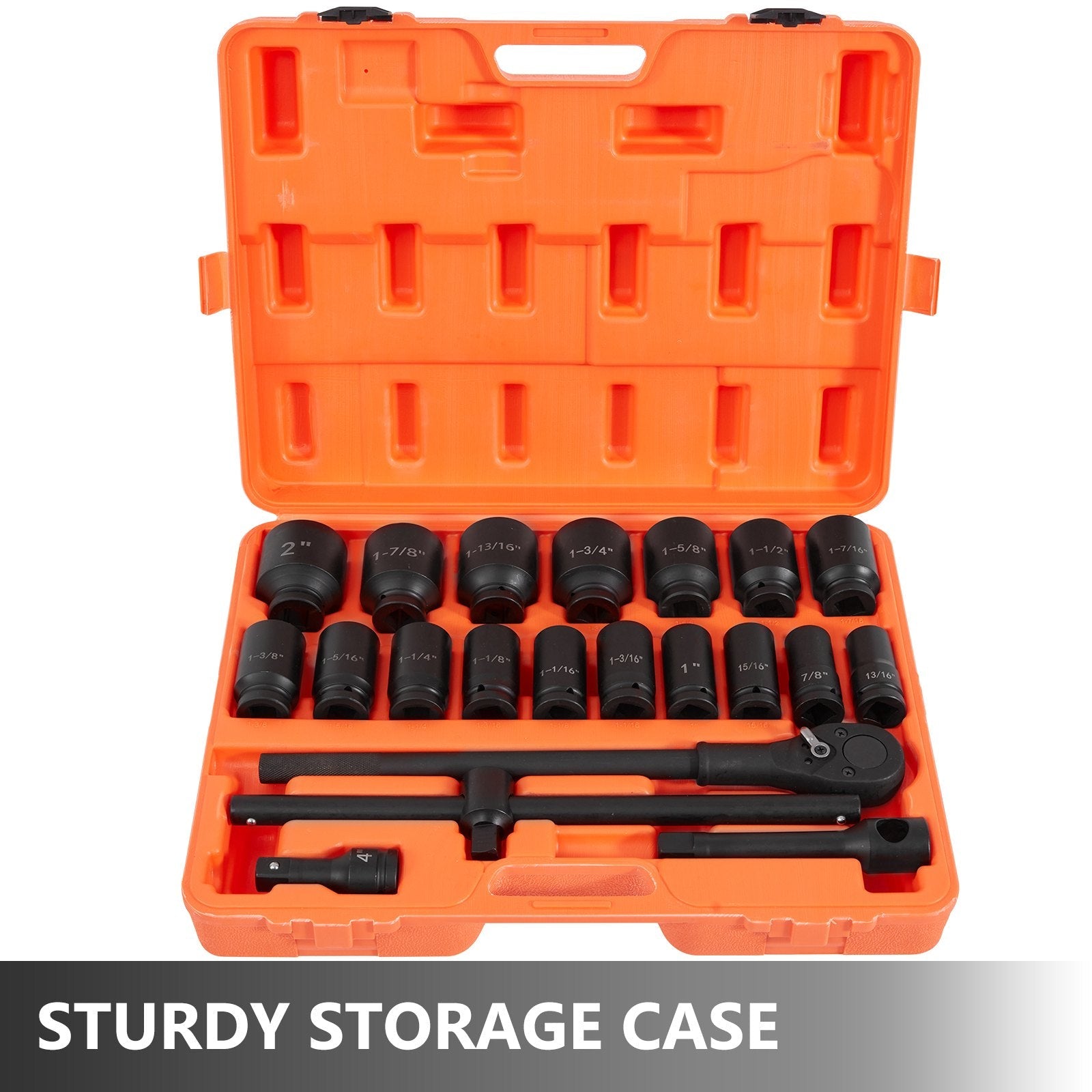 VEVOR Impact Socket Set 3/4 Inches 22 Piece Deep Impact Sockets, Socket Assortment 3/4 Inches Drive Socket Set Impact Standard SAE Sizes 7/8 Inches to 2 Inches Includes Adapters and Ratchet Handle 