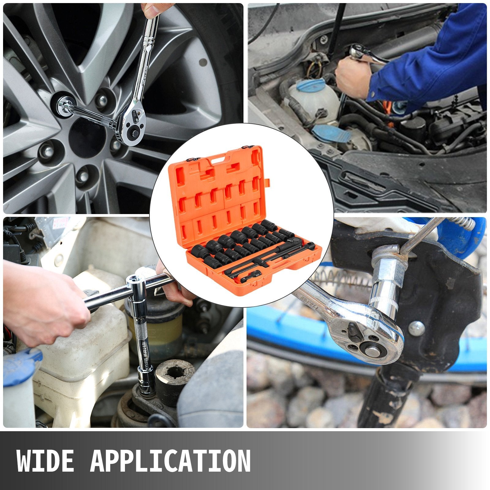 VEVOR Impact Socket Set 3/4 Inches 22 Piece Deep Impact Sockets, Socket Assortment 3/4 Inches Drive Socket Set Impact Standard SAE Sizes 7/8 Inches to 2 Inches Includes Adapters and Ratchet Handle 