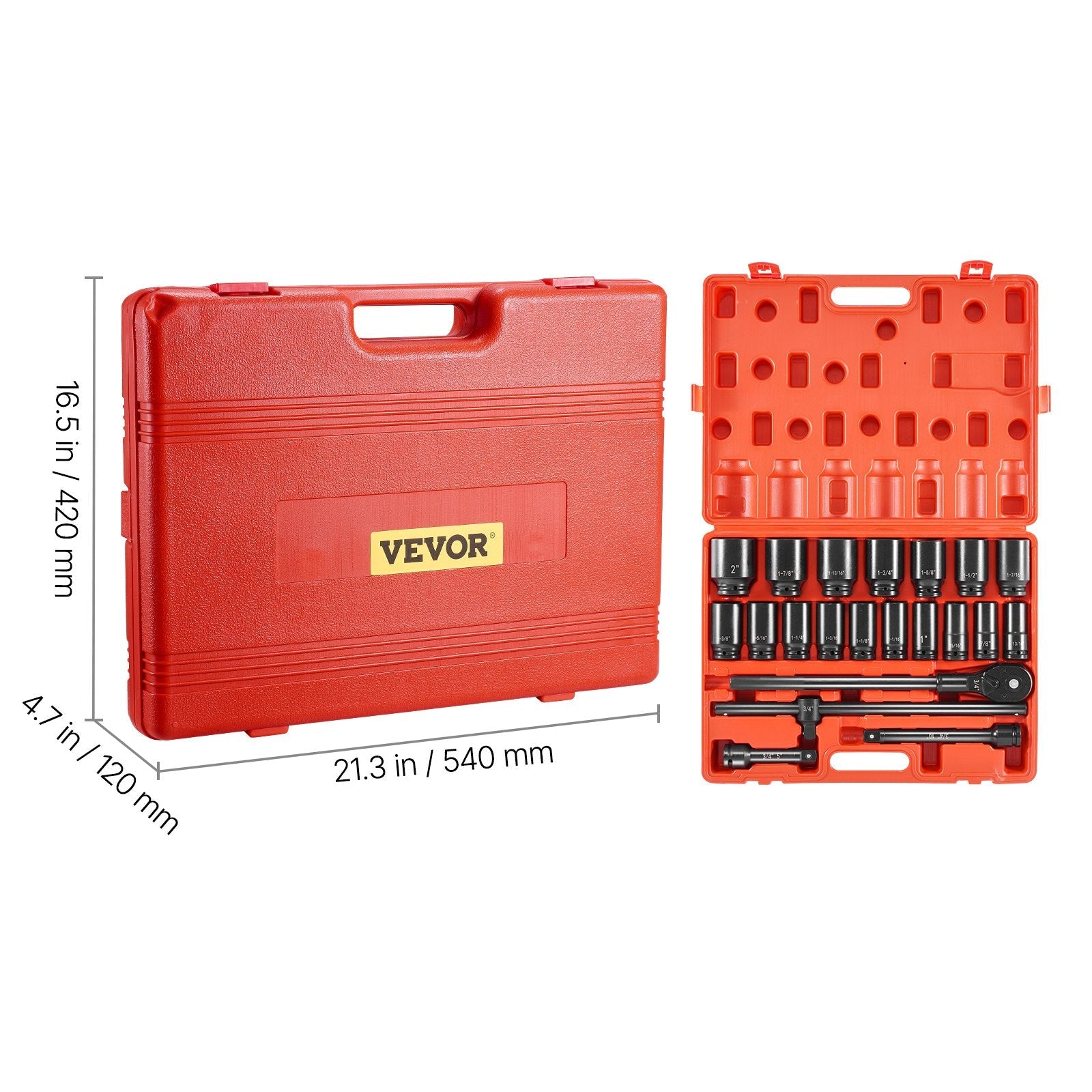 VEVOR Impact Socket Set 3/4 Inches 22 Piece Deep Impact Sockets, Socket Assortment 3/4 Inches Drive Socket Set Impact Standard SAE Sizes 7/8 Inches to 2 Inches Includes Adapters and Ratchet Handle 