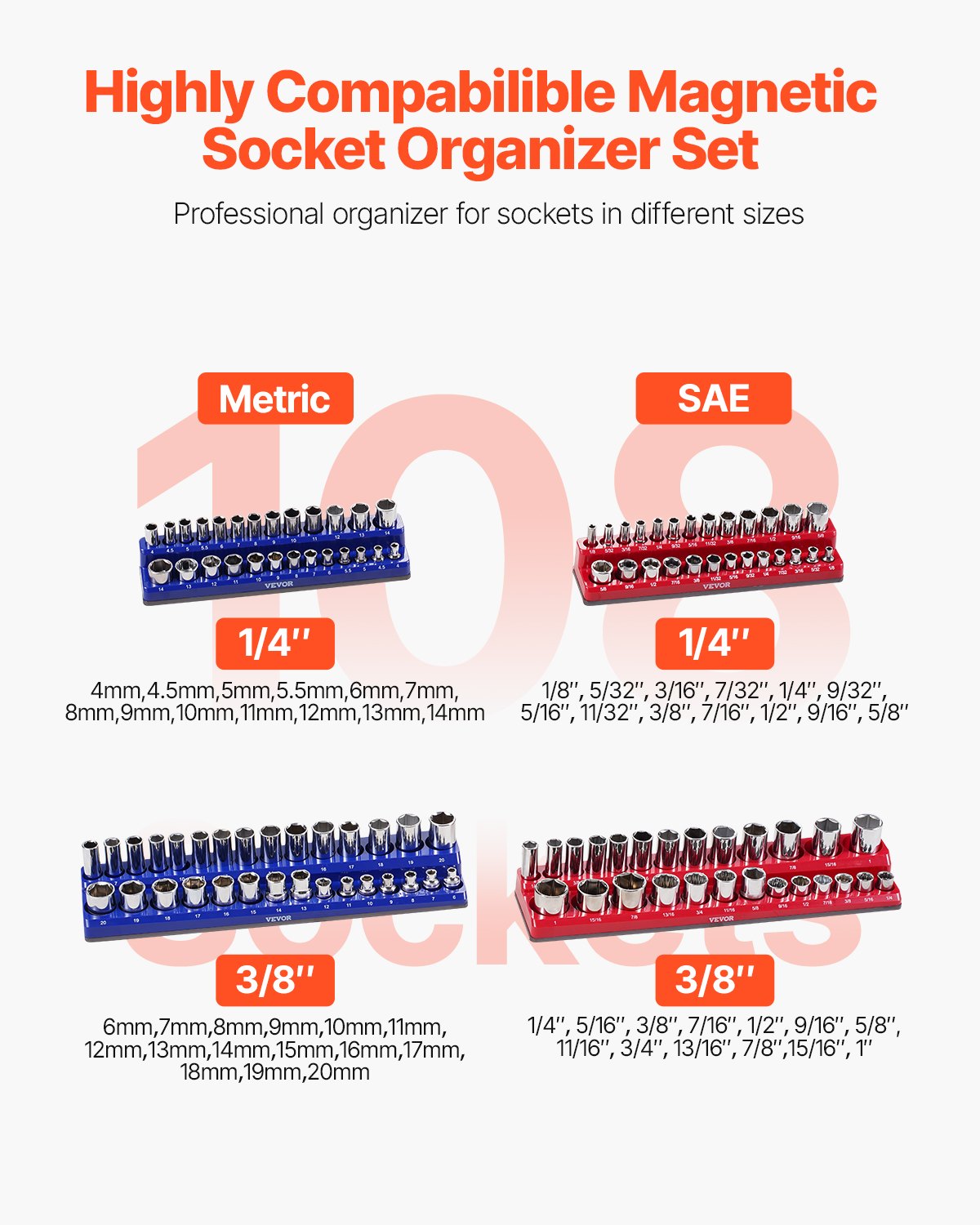 VEVOR Magnetic Socket Organizer Set 4PCS Socket Trays Blue & Red for Metric SAE 