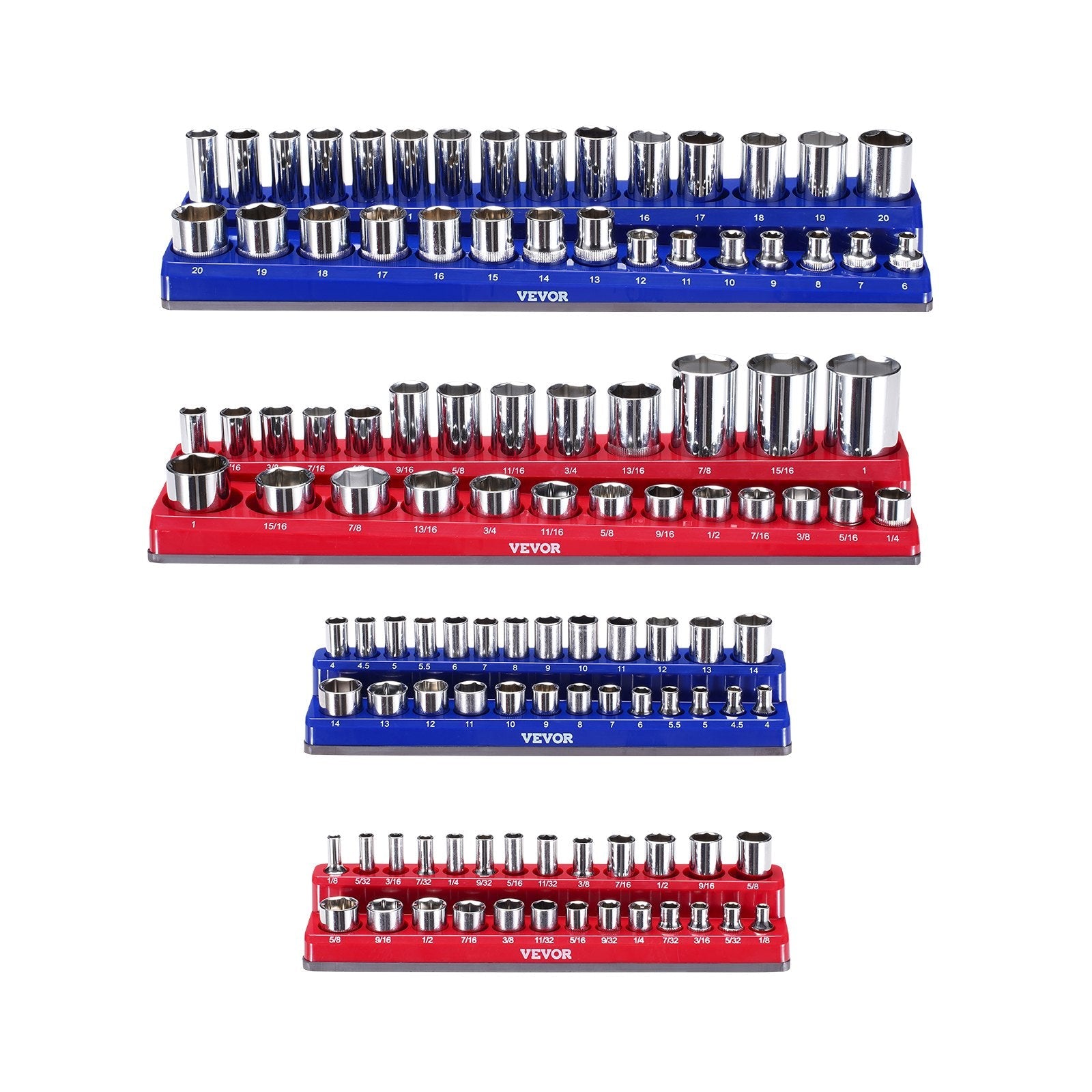 VEVOR Magnetic Socket Organizer Set 4PCS Socket Trays Blue & Red for Metric SAE 