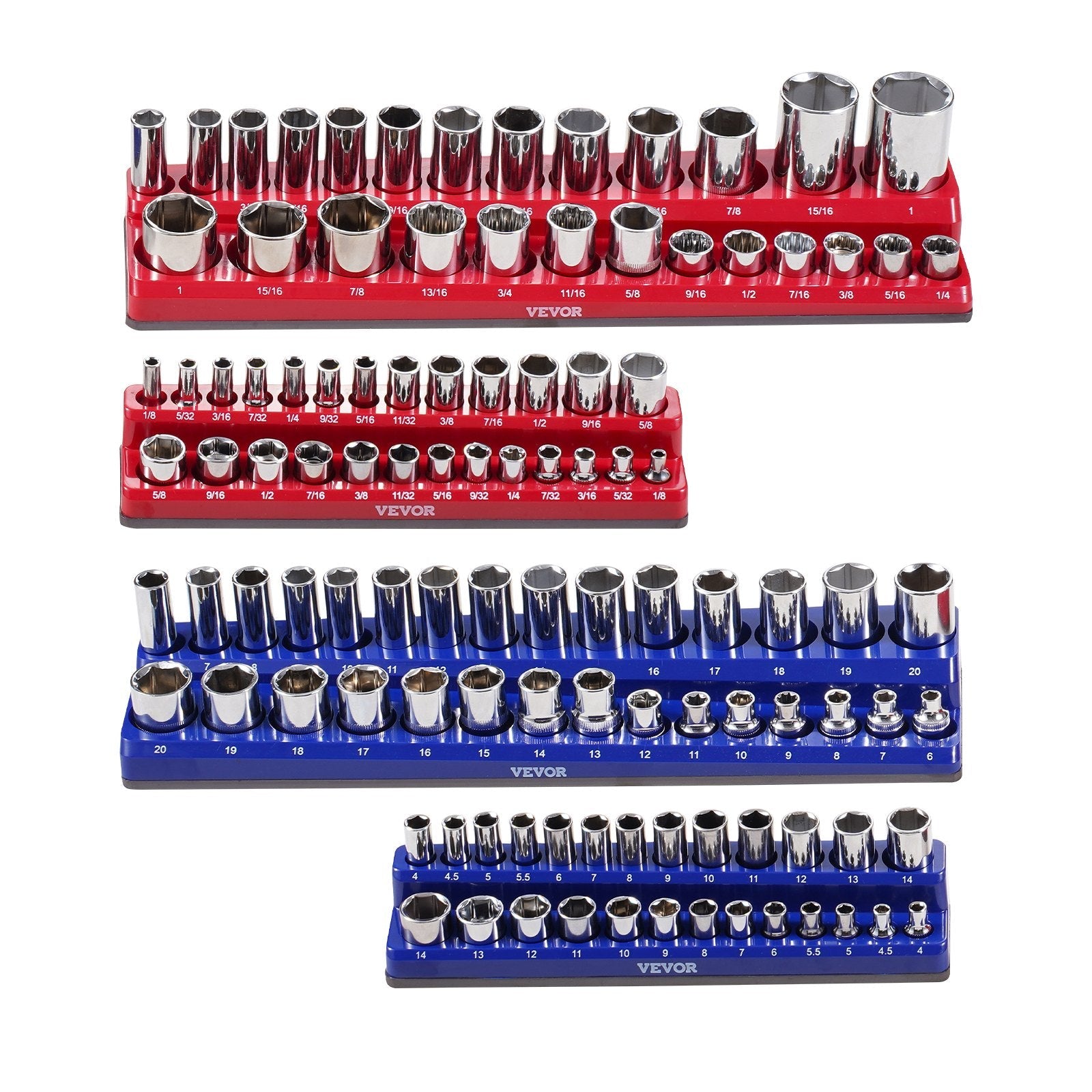 VEVOR Magnetic Socket Organizer Set 4PCS Socket Trays Blue & Red for Metric SAE 