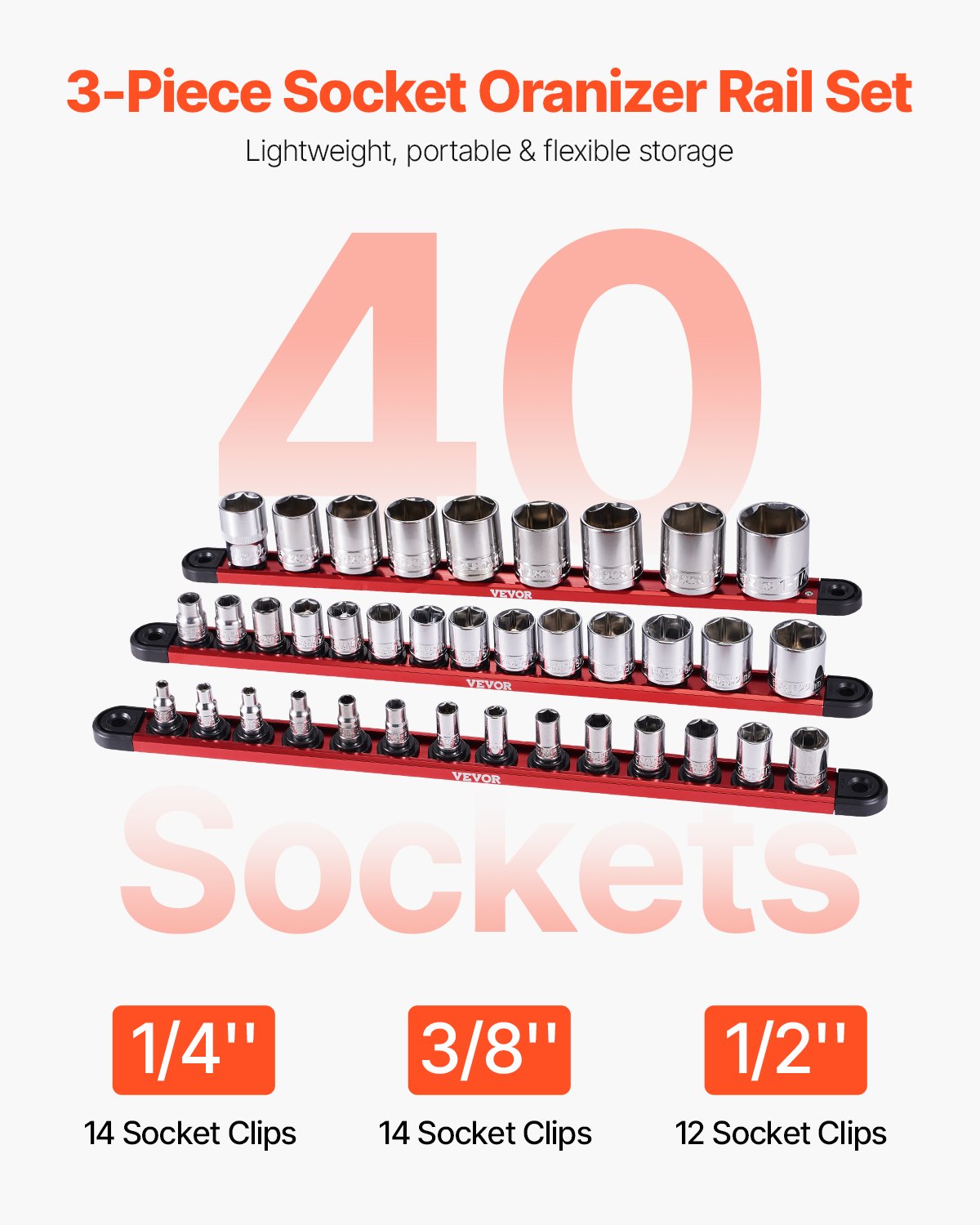 VEVOR Socket Organizer Rail Set 3PCS Aluminum Socket Organizers with 40 Clips 