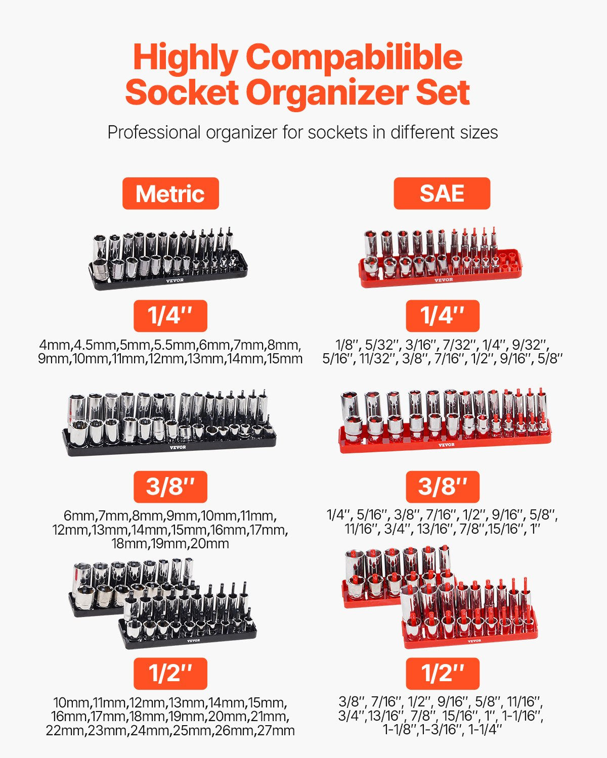 VEVOR Socket Organizer Set 8PCS High-Rod Socket Tray Black & Red for Metric SAE 