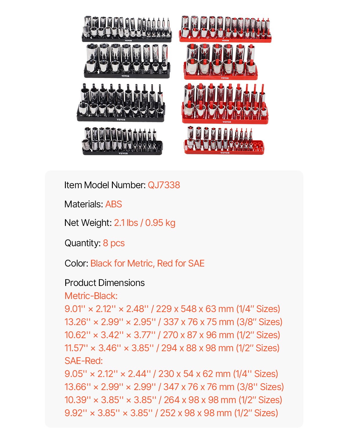 VEVOR Socket Organizer Set 8PCS High-Rod Socket Tray Black & Red for Metric SAE 