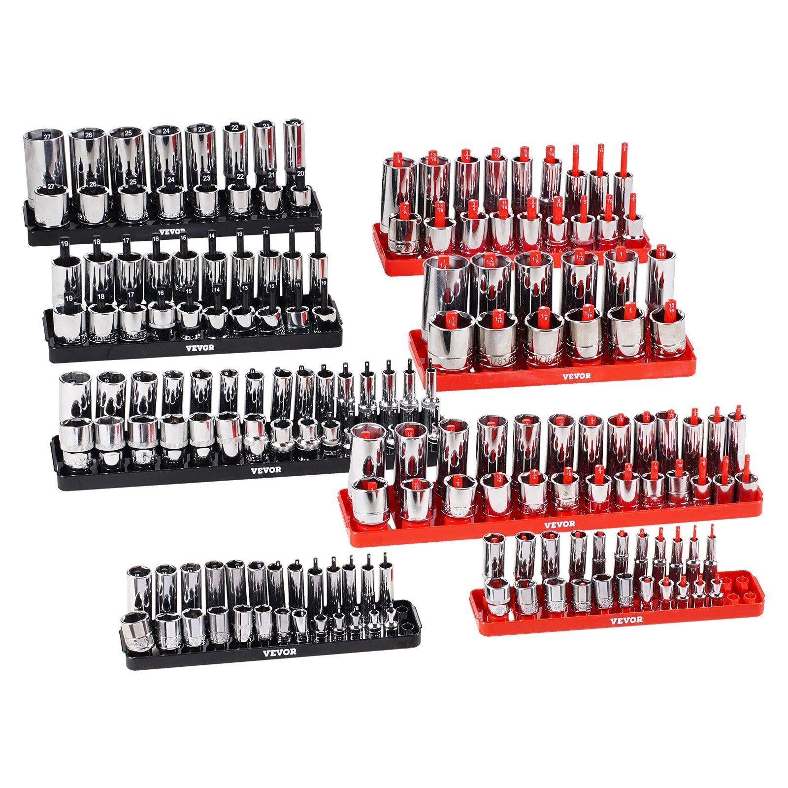 VEVOR Socket Organizer Set 8PCS High-Rod Socket Tray Black & Red for Metric SAE 
