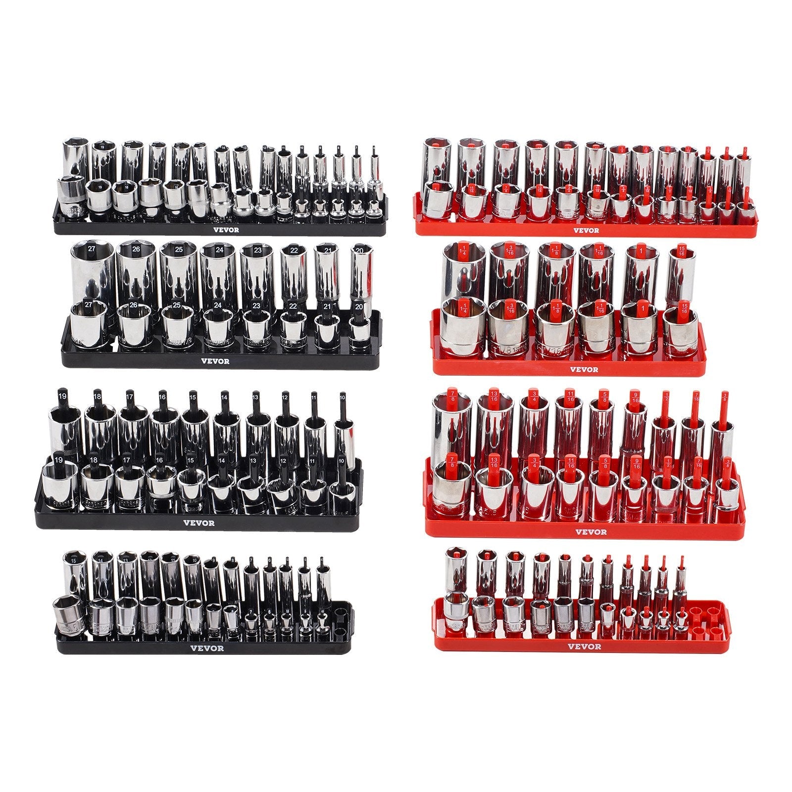 VEVOR Socket Organizer Set 8PCS High-Rod Socket Tray Black & Red for Metric SAE 