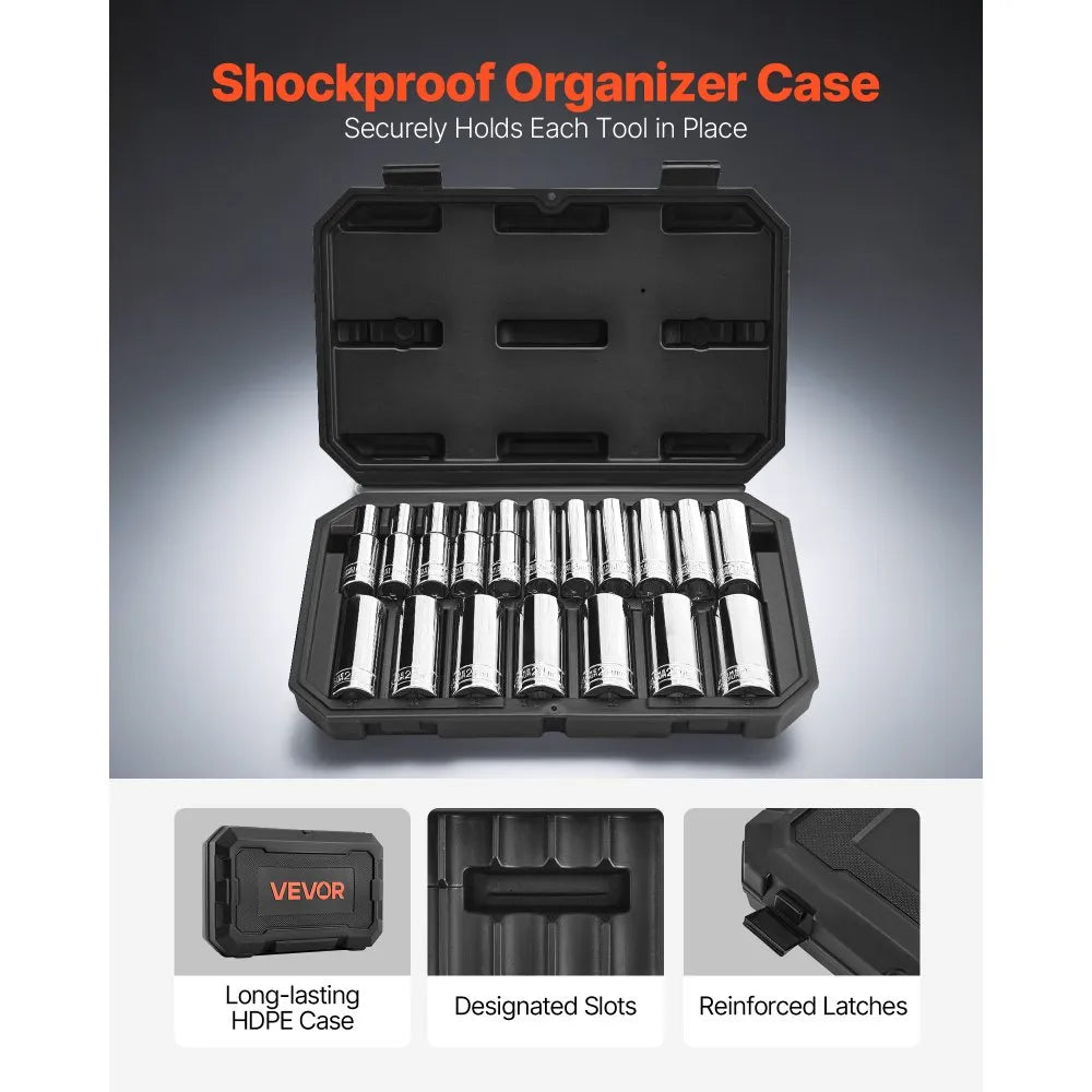 VEVOR 18-Piece Socket Set, 1/2" Drive Metric Socket Tool Kit, 10-27 mm with Storage Case