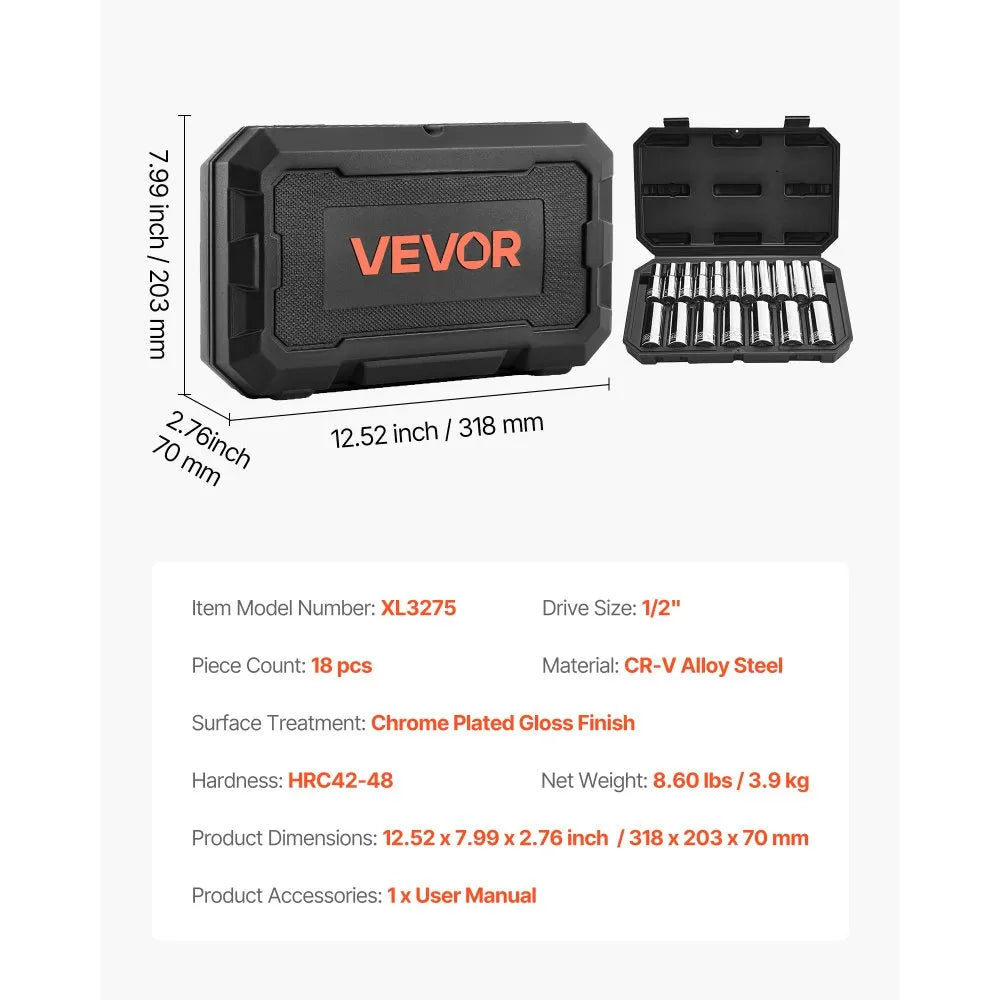 VEVOR 18-Piece Socket Set, 1/2" Drive Metric Socket Tool Kit, 10-27 mm with Storage Case