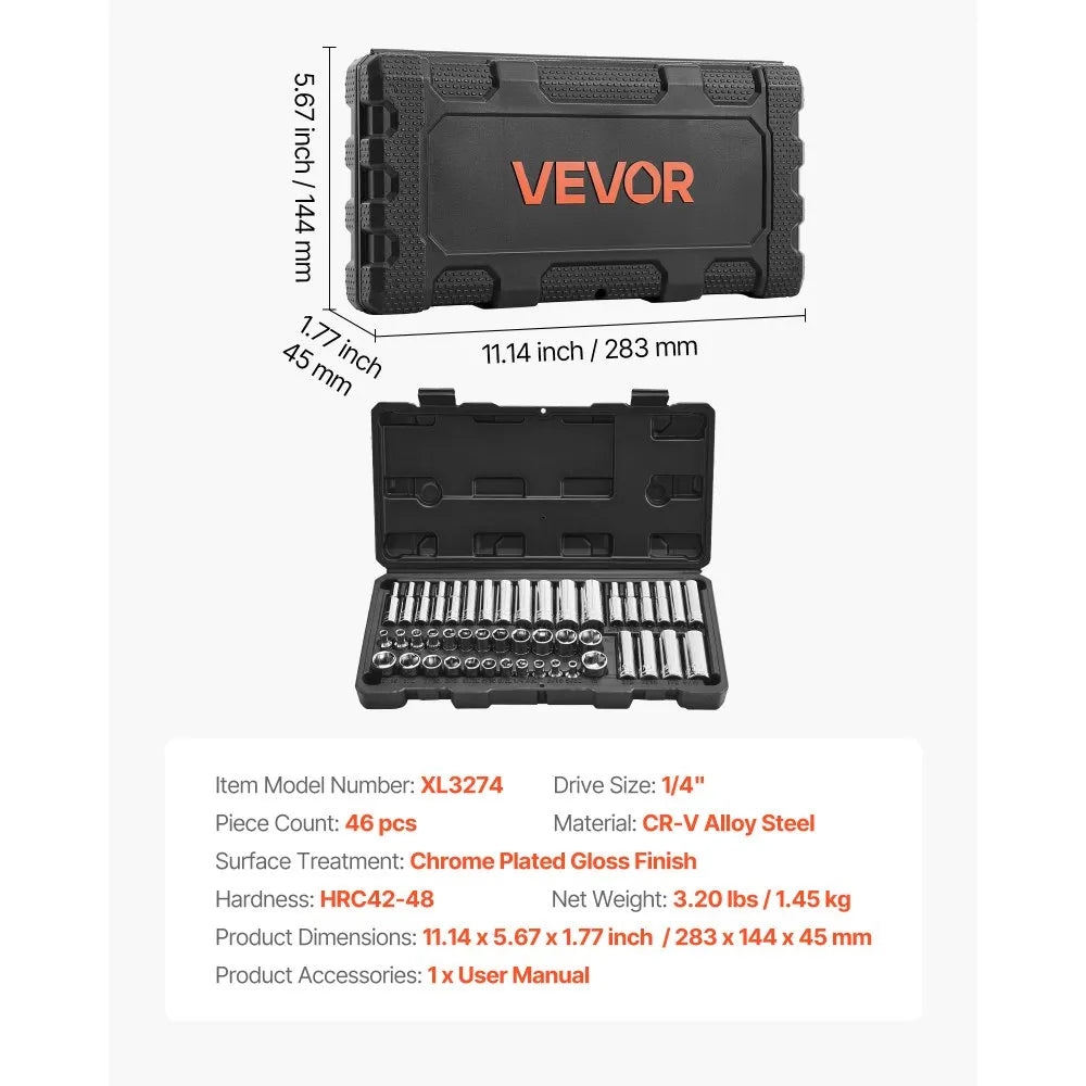 VEVOR 46-Piece Socket Set, 1/4" Drive SAE & Metric Socket Tool Kit with Storage Case