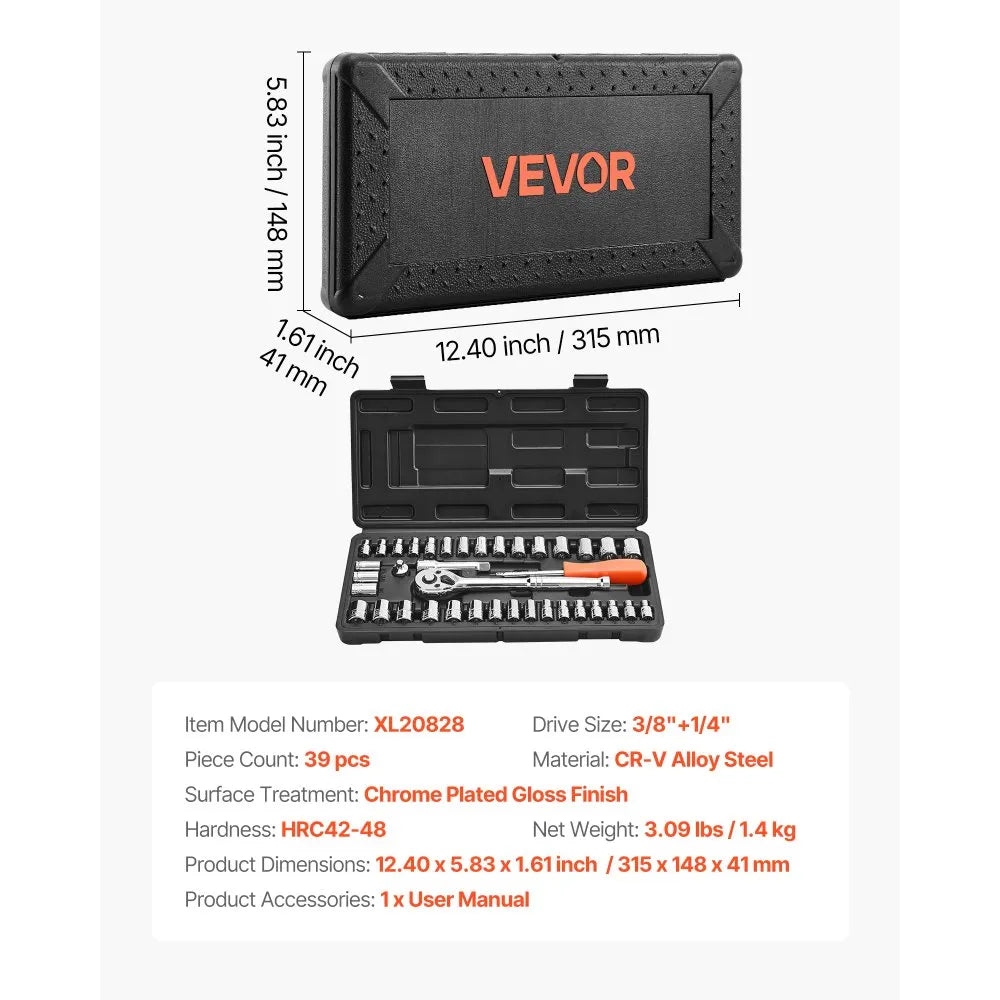 VEVOR 39-Piece Socket Set, 1/4" & 3/8" Drive SAE & Metric Ratchet Wrench Tool Kit with Case