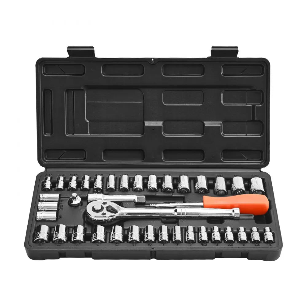 VEVOR 39-Piece Socket Set, 1/4" & 3/8" Drive SAE & Metric Ratchet Wrench Tool Kit with Case