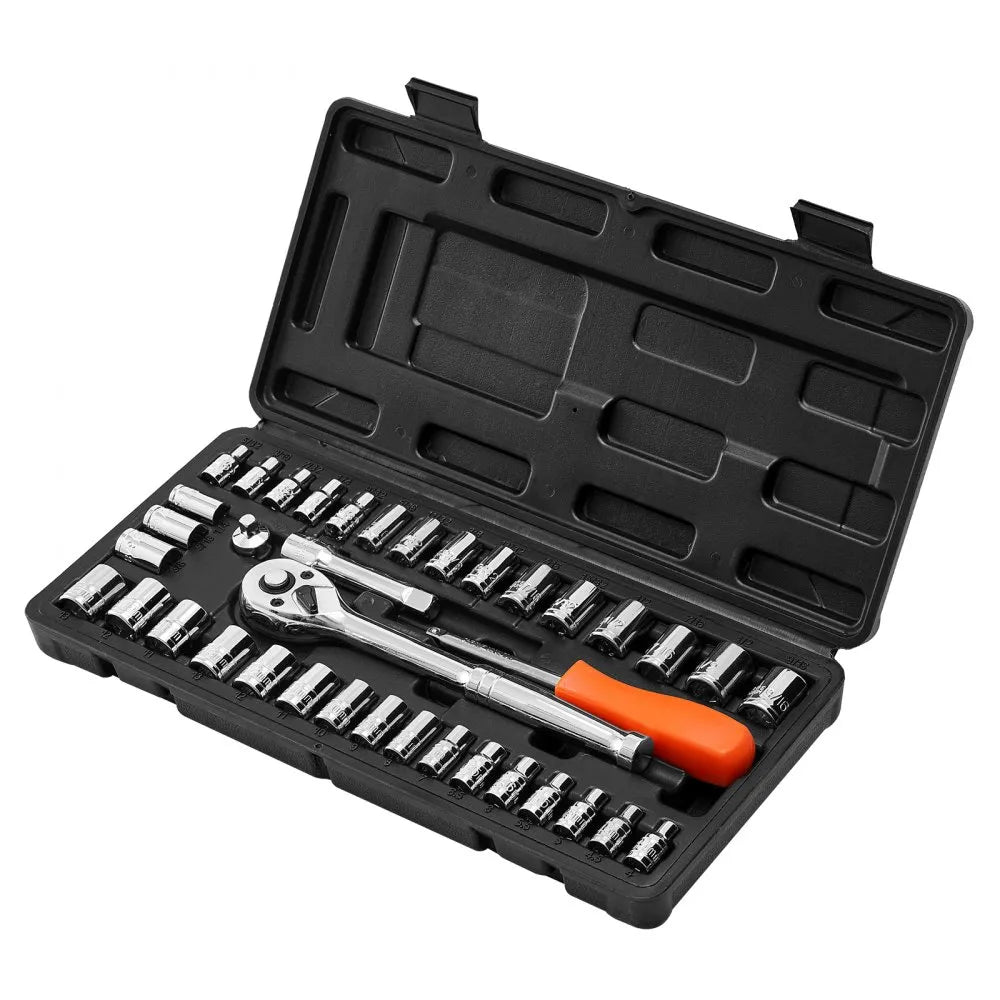 VEVOR 39-Piece Socket Set, 1/4" & 3/8" Drive SAE & Metric Ratchet Wrench Tool Kit with Case