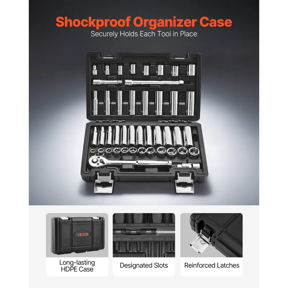 VEVOR 44-Piece Socket Set, 3/8" Drive SAE & Metric Ratchet Wrench Set with Storage Case