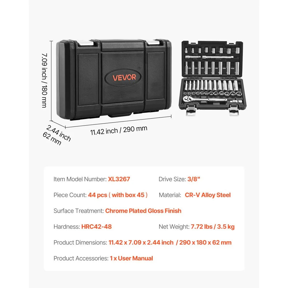 VEVOR 44-Piece Socket Set, 3/8" Drive SAE & Metric Ratchet Wrench Set with Storage Case