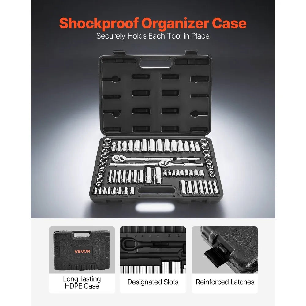 VEVOR 69-Piece Socket Set, 1/4" & 3/8" Drive SAE & Metric Ratchet Wrench Set with Case