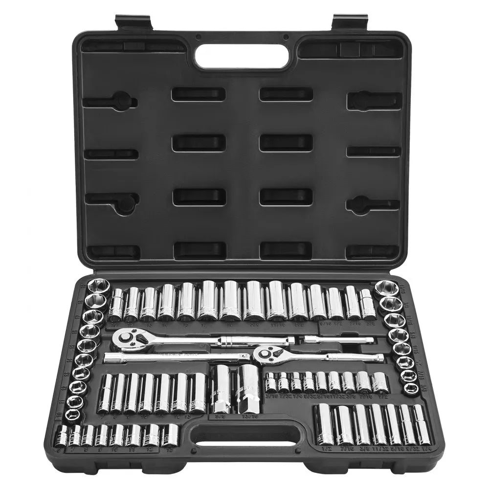 VEVOR 69-Piece Socket Set, 1/4" & 3/8" Drive SAE & Metric Ratchet Wrench Set with Case