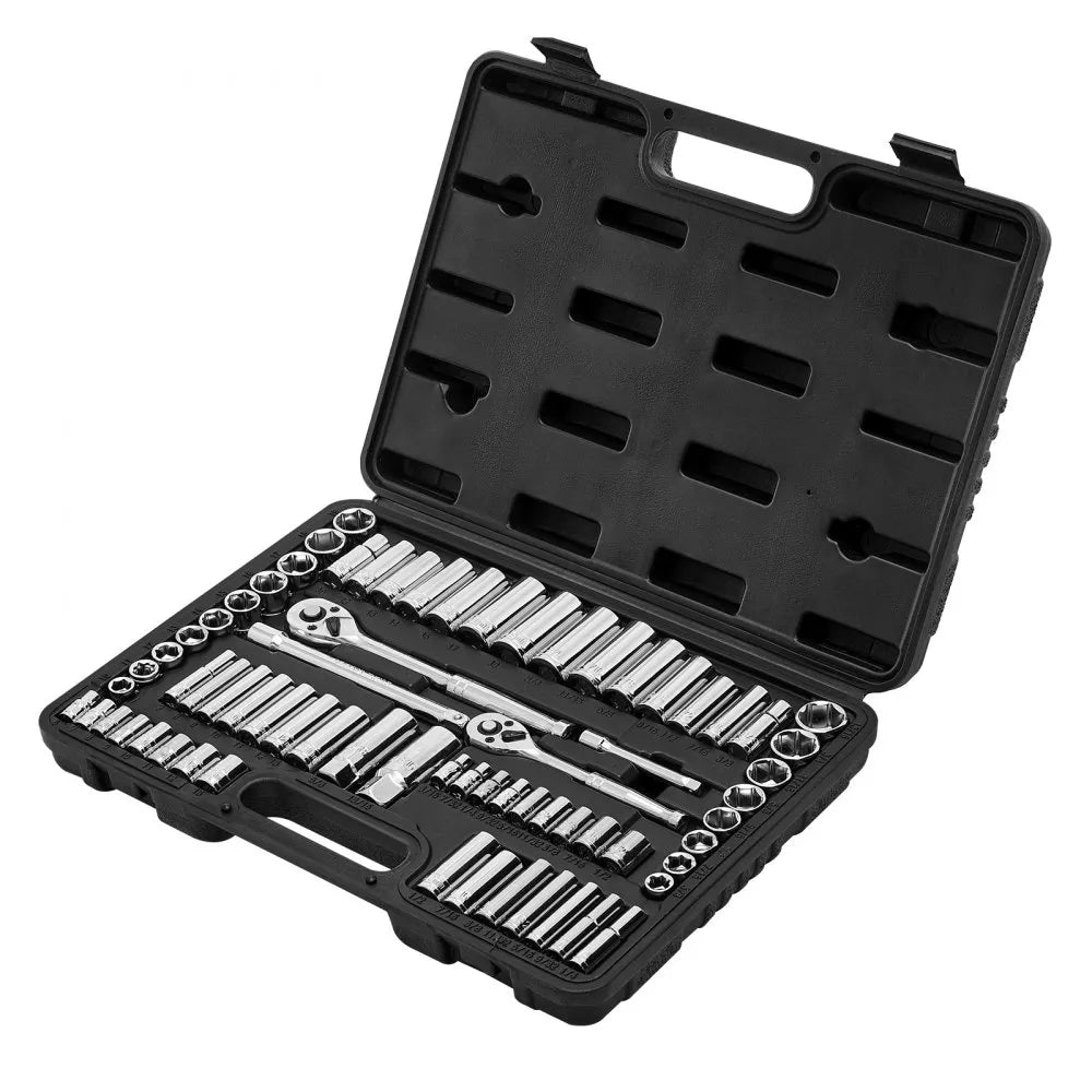 VEVOR 69-Piece Socket Set, 1/4" & 3/8" Drive SAE & Metric Ratchet Wrench Set with Case