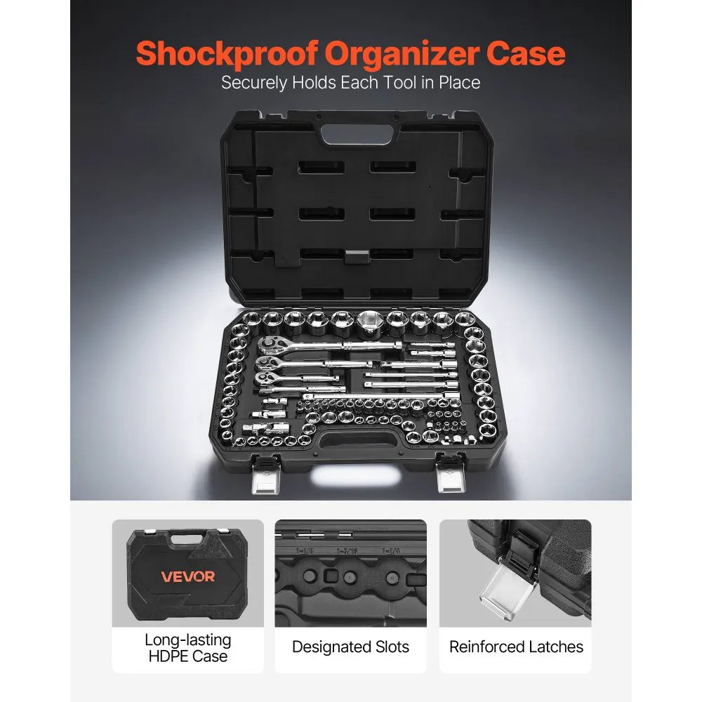 VEVOR 86-Piece Socket Set, 1/4", 3/8" & 1/2" Drive SAE & Metric Ratchet Tool Kit with Case