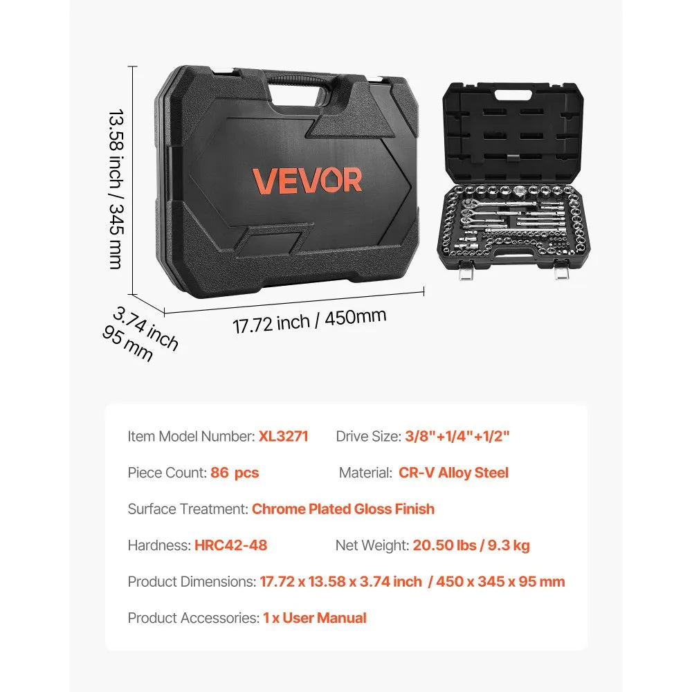 VEVOR 86-Piece Socket Set, 1/4", 3/8" & 1/2" Drive SAE & Metric Ratchet Tool Kit with Case