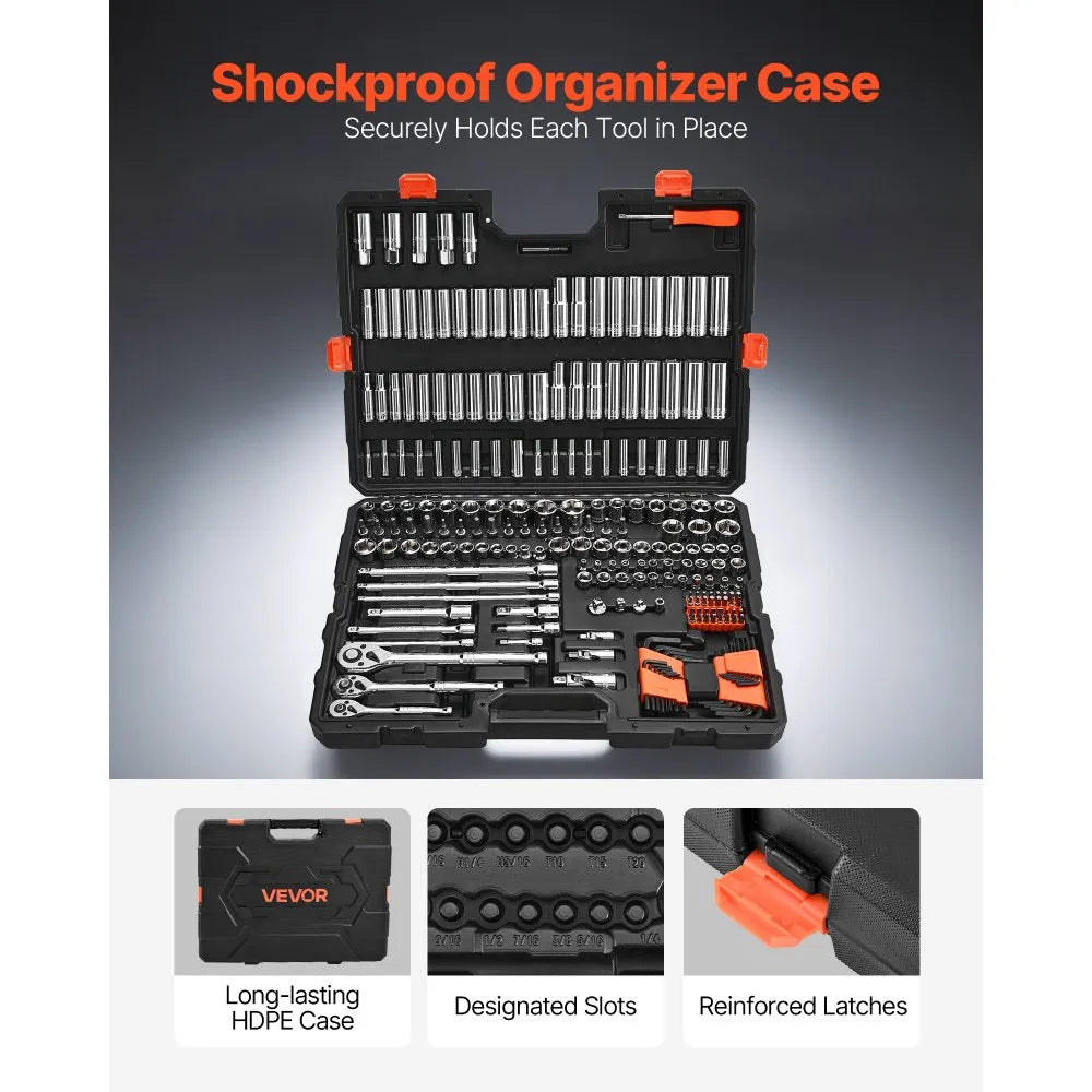 VEVOR 225-Piece Socket Set, 1/4", 3/8" & 1/2" Drive Ratchet and Socket Set with Storage Case