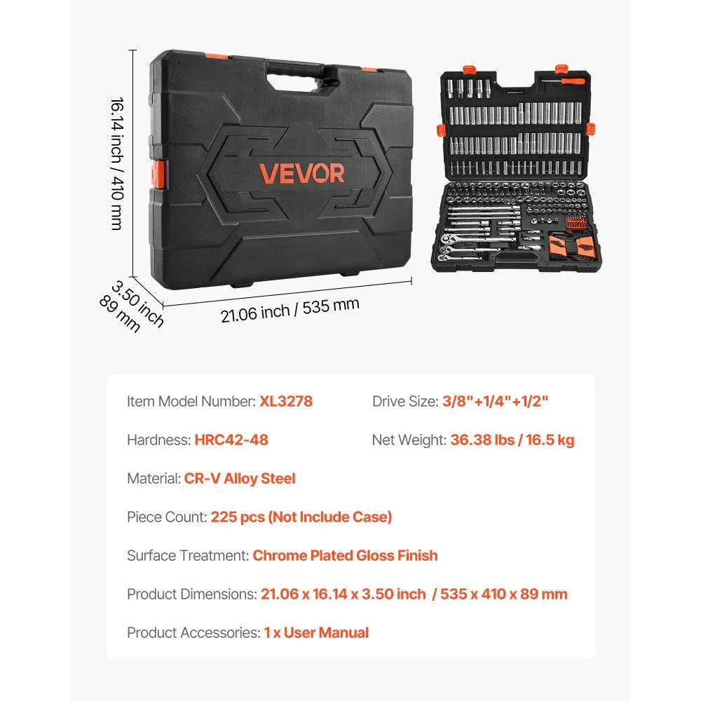 VEVOR 225-Piece Socket Set, 1/4", 3/8" & 1/2" Drive Ratchet and Socket Set with Storage Case