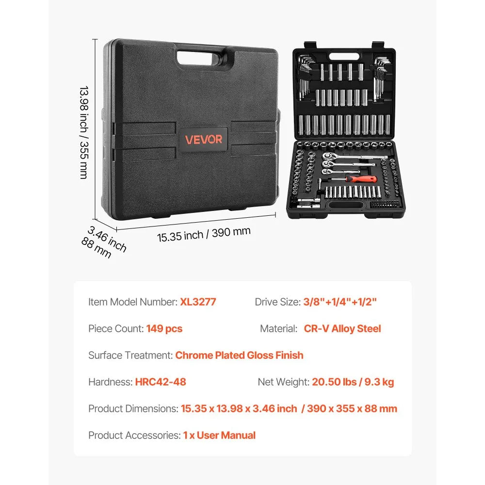 VEVOR 149-Piece Socket Set, 1/4", 3/8" & 1/2" Drive SAE & Metric Ratchet Tool Kit with Storage Case