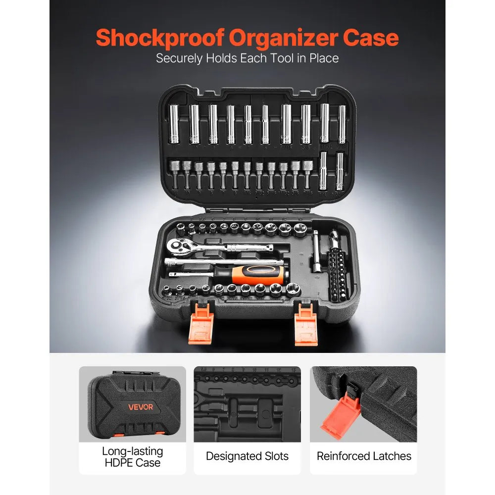 VEVOR 70-Piece Socket Set, 1/4" Drive SAE & Metric Ratchet Tool Kit with Bits & Accessories