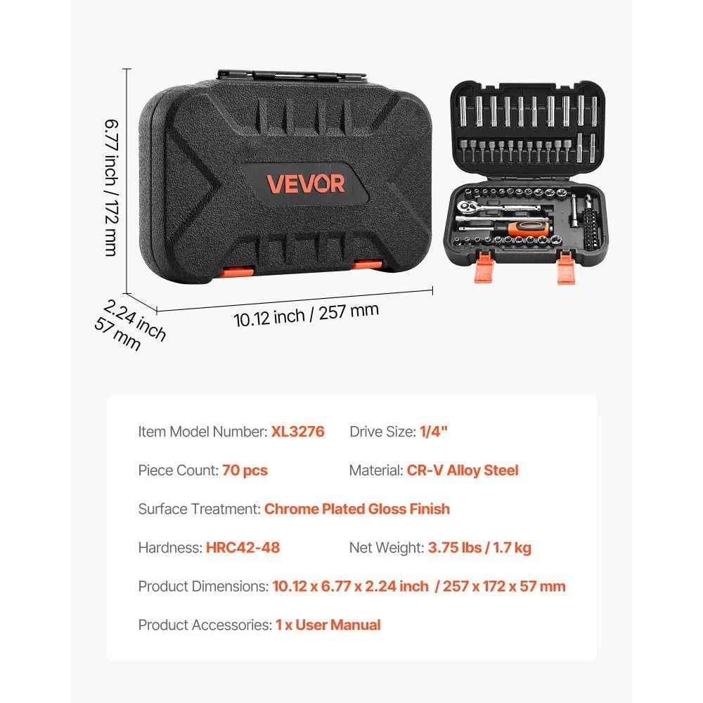 VEVOR 70-Piece Socket Set, 1/4" Drive SAE & Metric Ratchet Tool Kit with Bits & Accessories