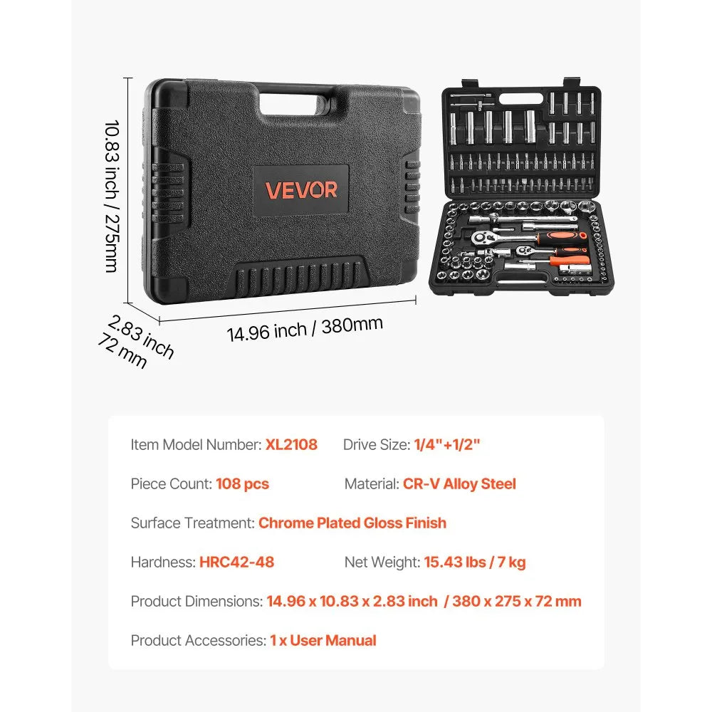 VEVOR 108-Piece Socket Set, 1/4" & 1/2" Drive Metric Socket and Ratchet Tool Kit, 4–32 mm