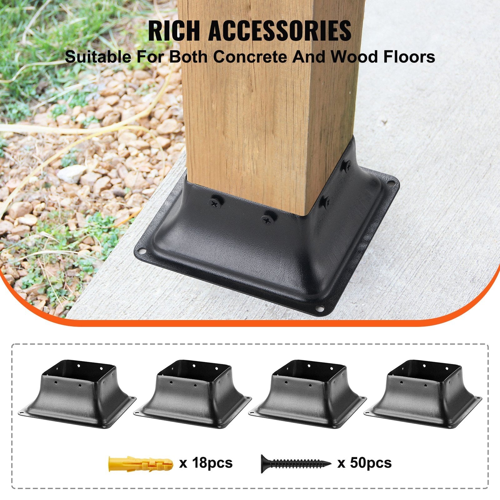 VEVOR 4x4 Post Base 4Pcs, Internal 3.6"x3.6" Heavy Duty Powder-Coated Steel Post Bracket Fit for Standard Wood Post Anchor, Decking Post Base for Deck Porch Handrail Railing Support 