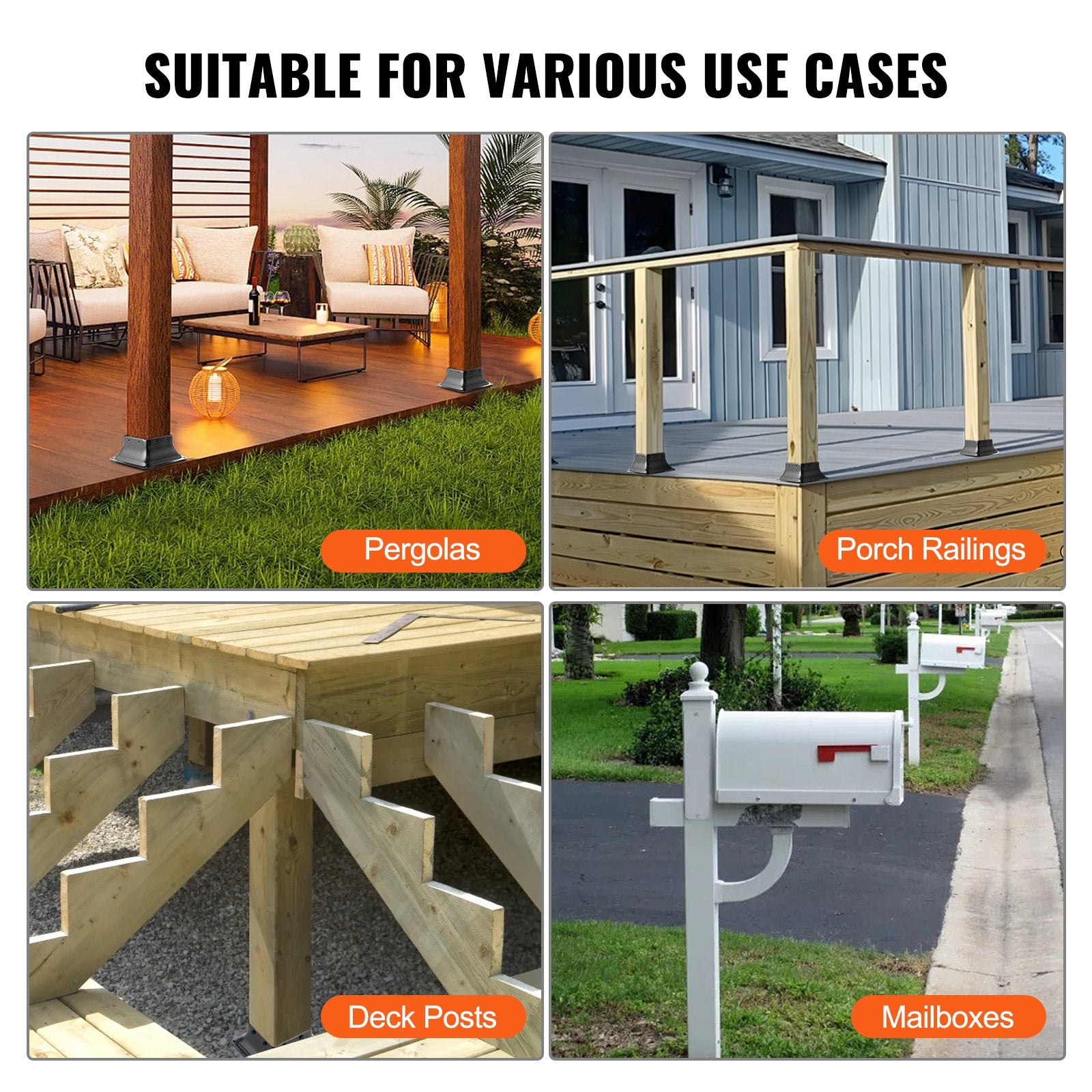 VEVOR 4x4 Post Base 4Pcs, Internal 3.6"x3.6" Heavy Duty Powder-Coated Steel Post Bracket Fit for Standard Wood Post Anchor, Decking Post Base for Deck Porch Handrail Railing Support 