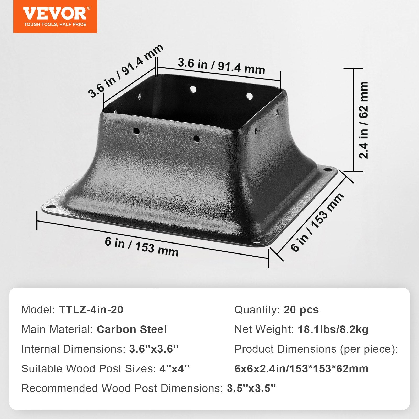 VEVOR 20Pcs 4x4 Post Base Brackets Heavy Duty for Standard Wood Post Anchor 