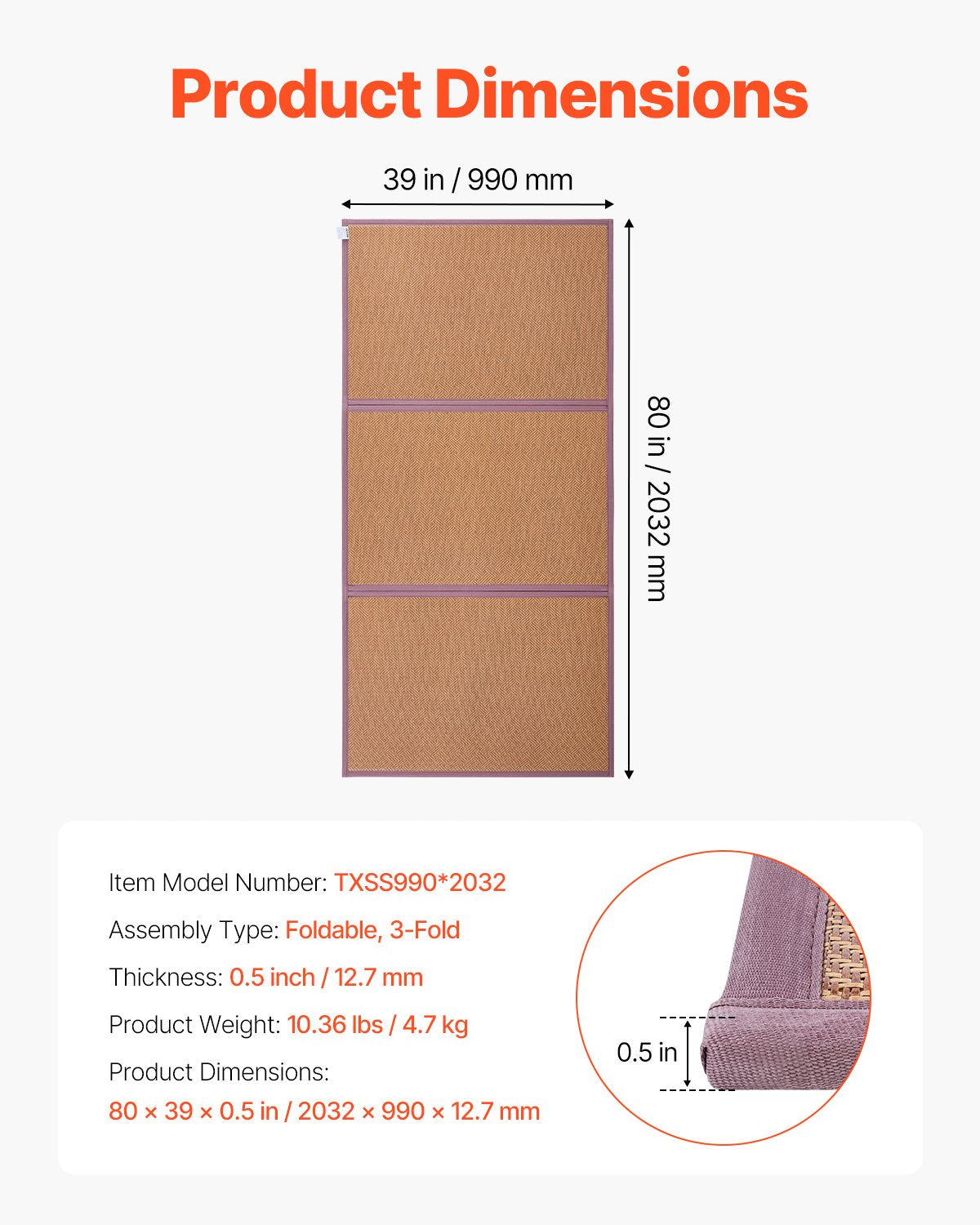VEVOR Japanese Tatami Mat 80 x 39 in Foldable Natural Rattan Tatami Mattress 